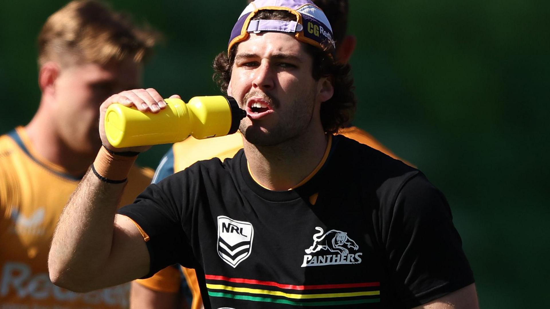 Cole Geyer, wearing a Penrith Panthers shirt, during a training session with Melbourne Storm