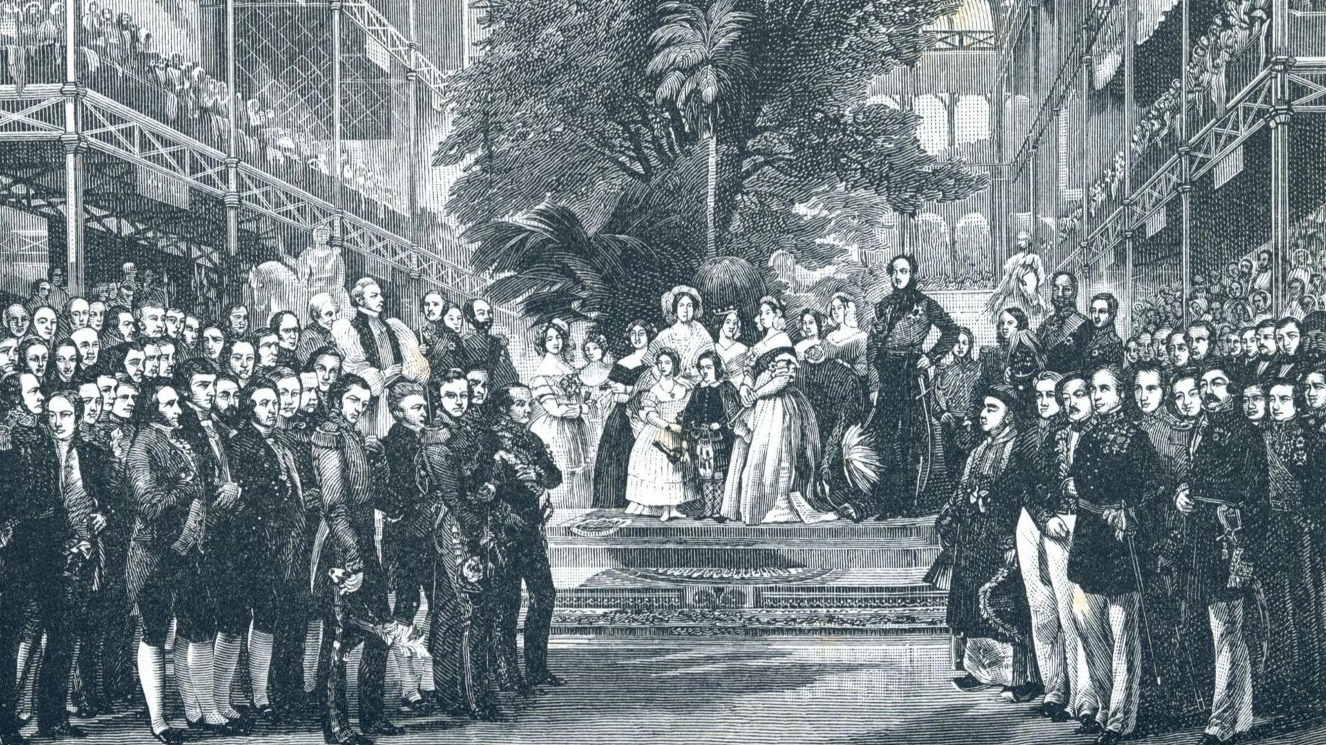 Archive black and white illustration depicting Queen Victoria and Prince Albert opening the Great Exhibition at the Crystal Palace in London's Hyde Park. Crowds are gathered on either side, with more people looking on from balconies.