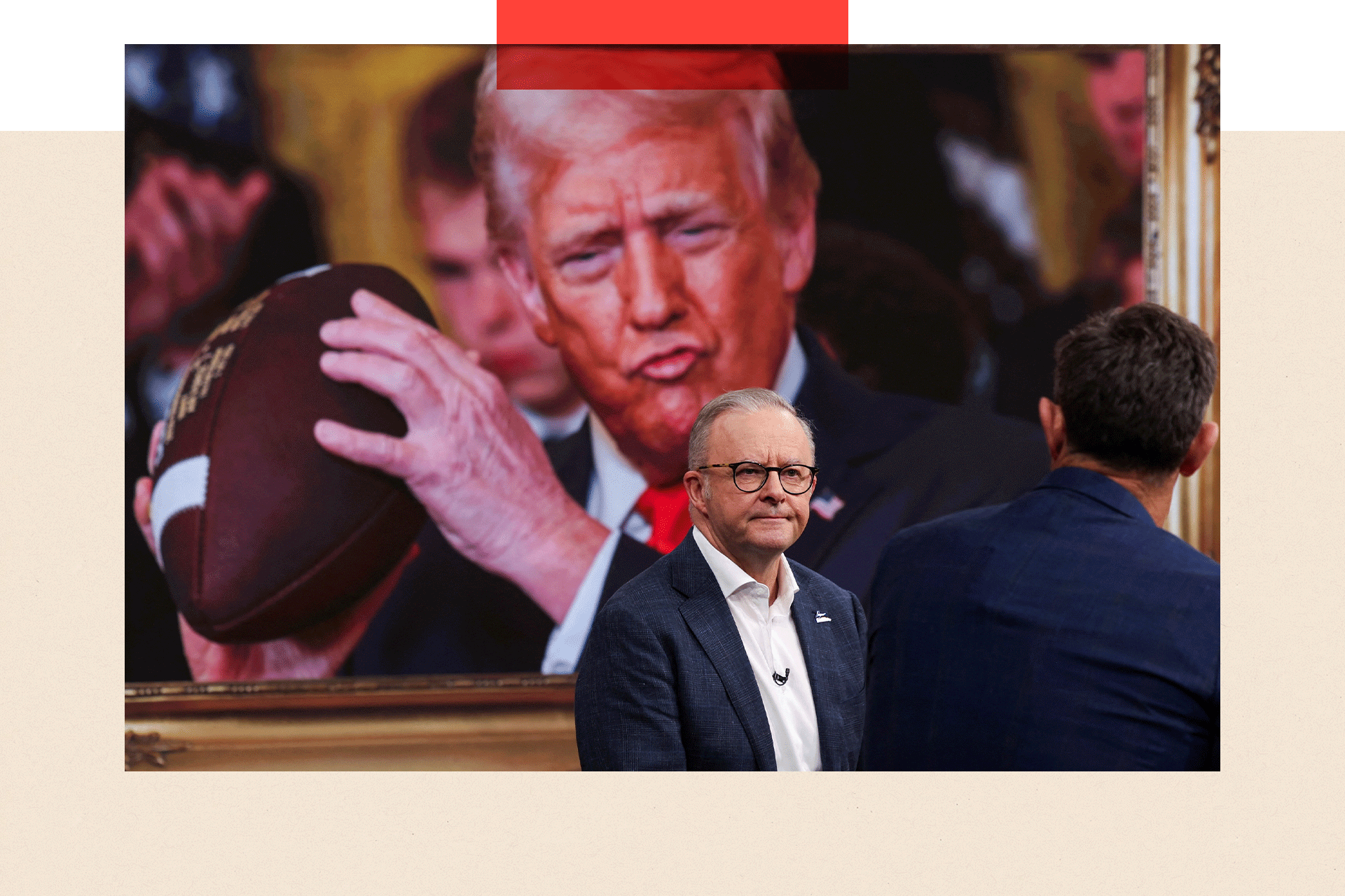 Prime Minister Anthony Albanese looks on during an appearance as a guest on the Sunday Footy Show at the Nine studio