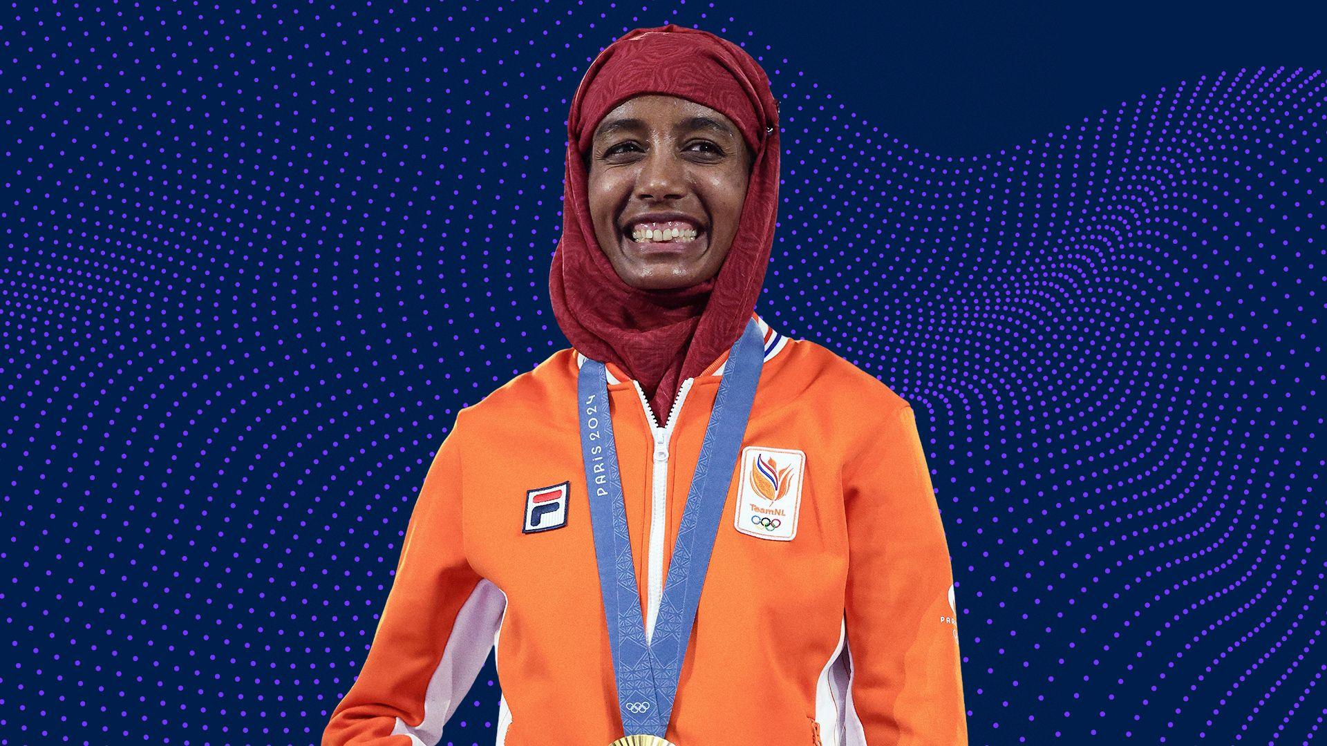 Sifan Hassan celebrates with her Olympic gold medal