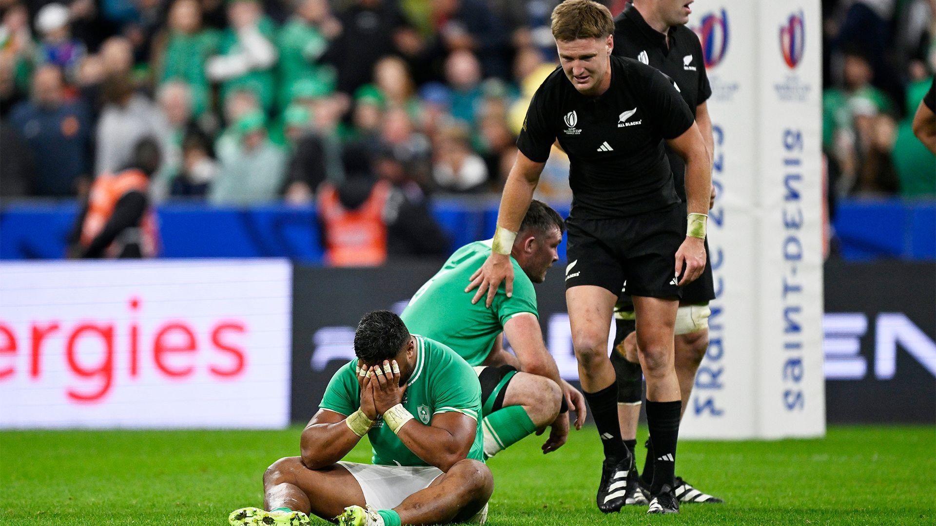 Jordie Barrett consoles Bundee Aki at the World Cup