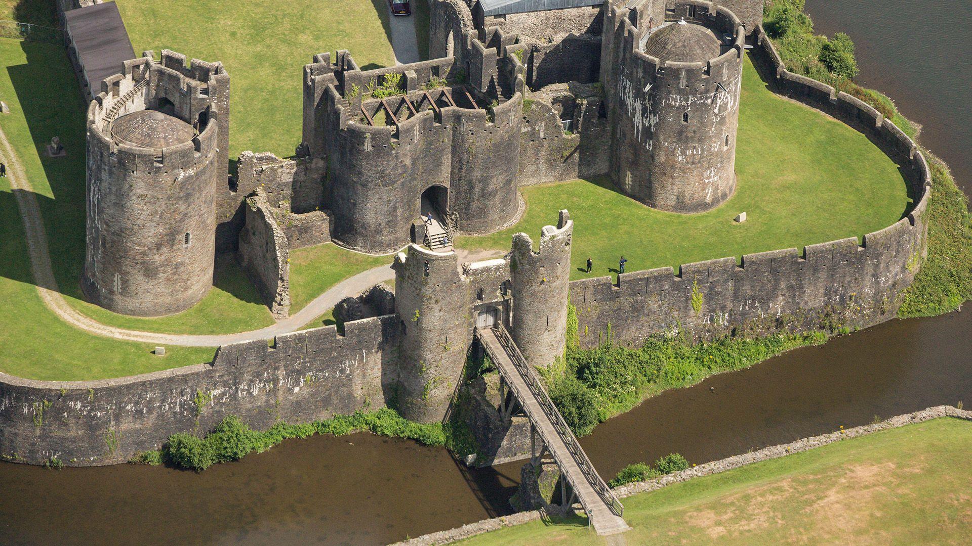 An aerial shot of Caerphilly castle