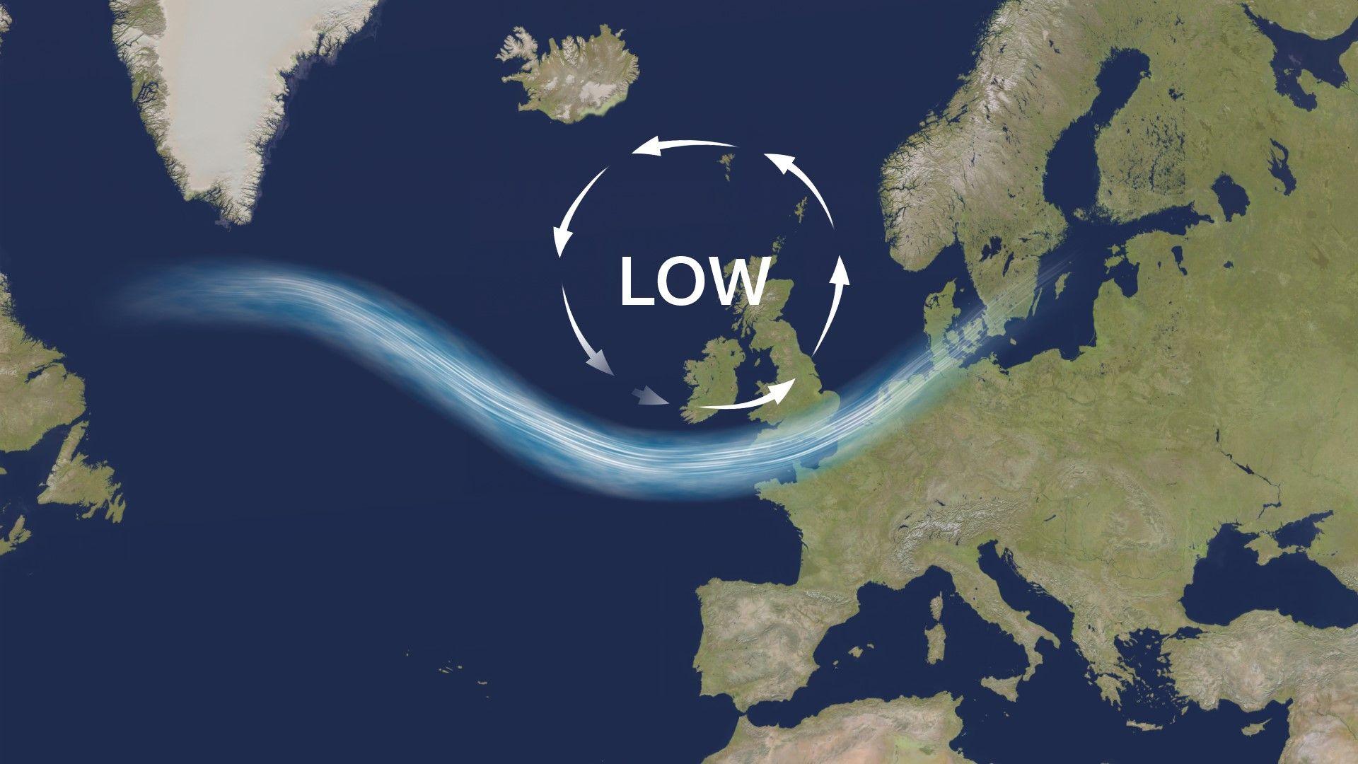 Atlantic map showing low pressure returning over UK shores as the jet stream moves further south again