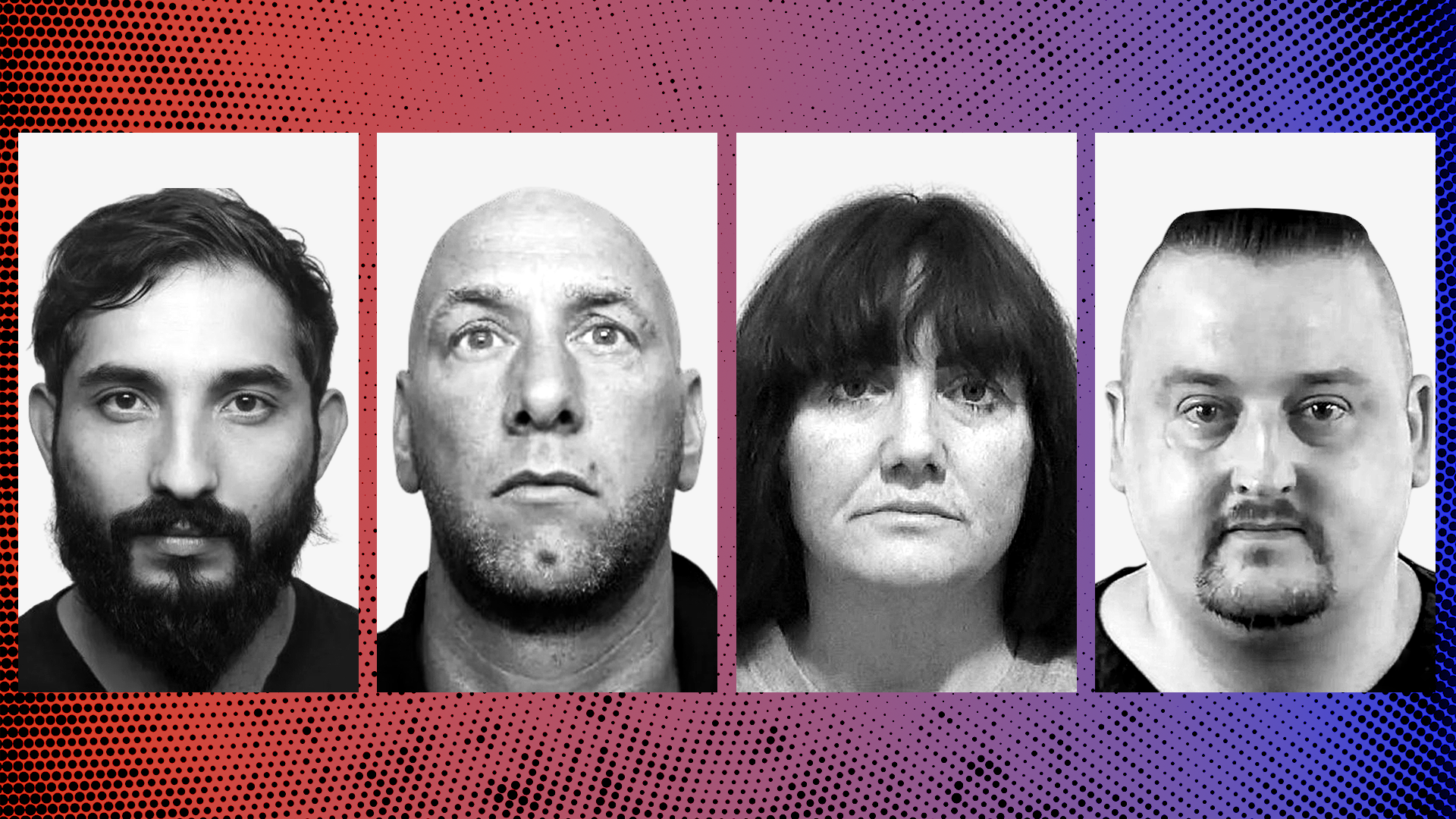 Promo image showing the police mugshots of four men sentenced over riot-related offences