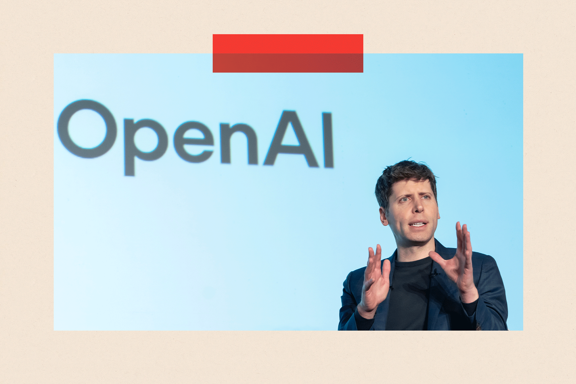 Sam Altman talking by an Open AI sign