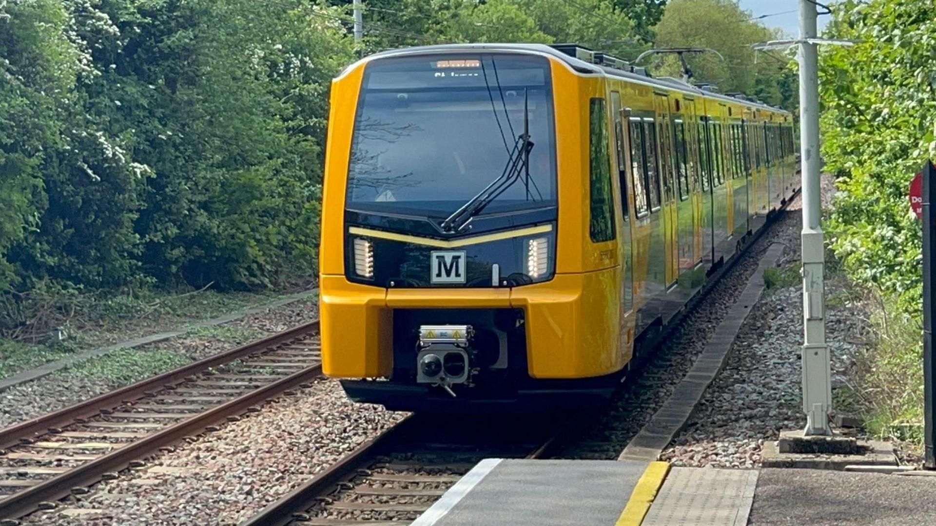 Front view of one of the new yellow and black Tyne and Wear Metro trains, showing it at the edge of a platform with the tree-lined track behind.