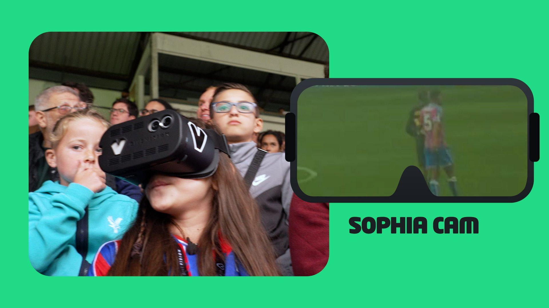 Young football fan Sophia wearing a black headset with a camera, next to an image labelled "Sophia cam" which shows a zoomed in picture of the football match