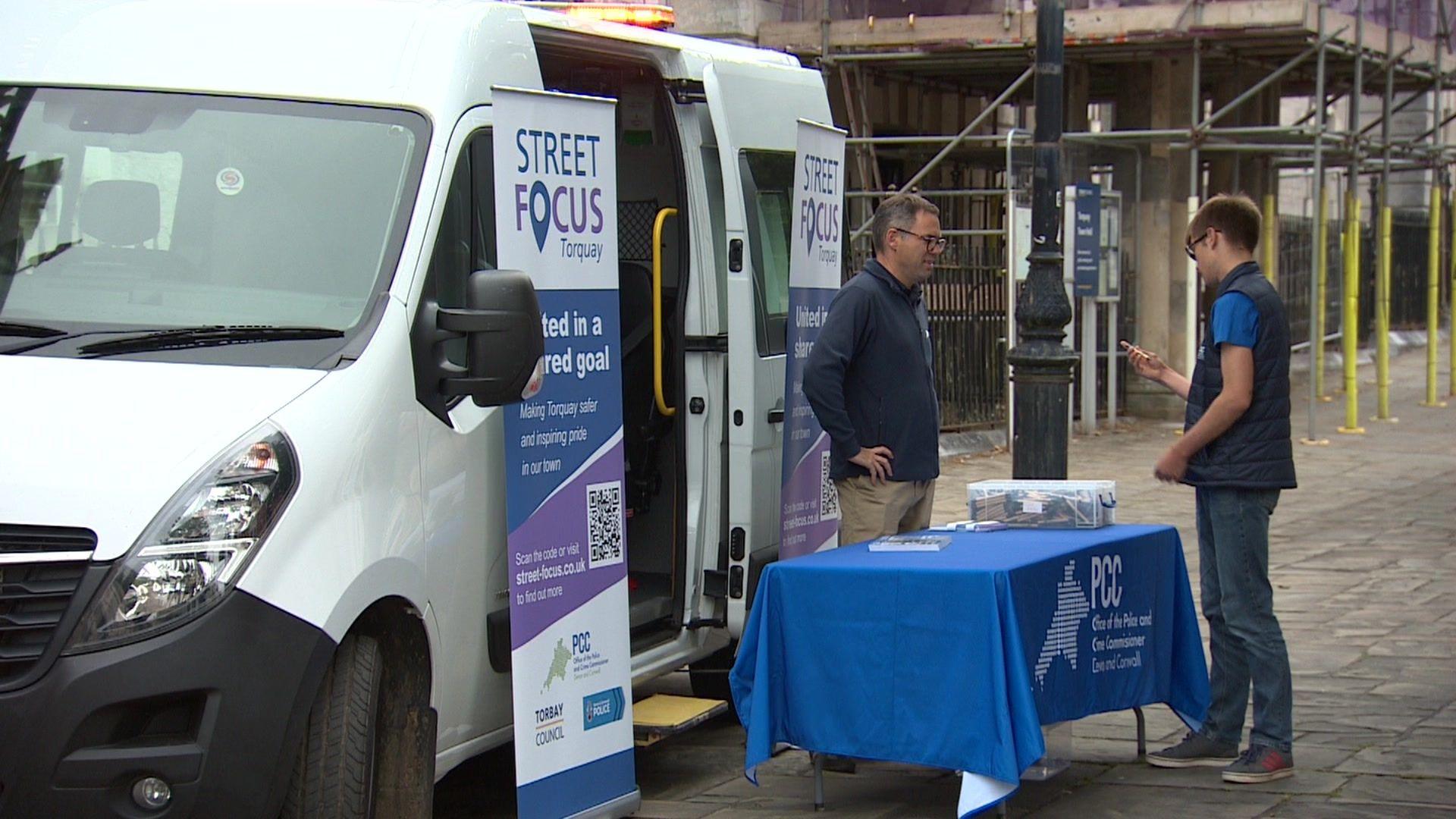 A van parked in Torquay's Castle Circus which is being used as a mobile police station