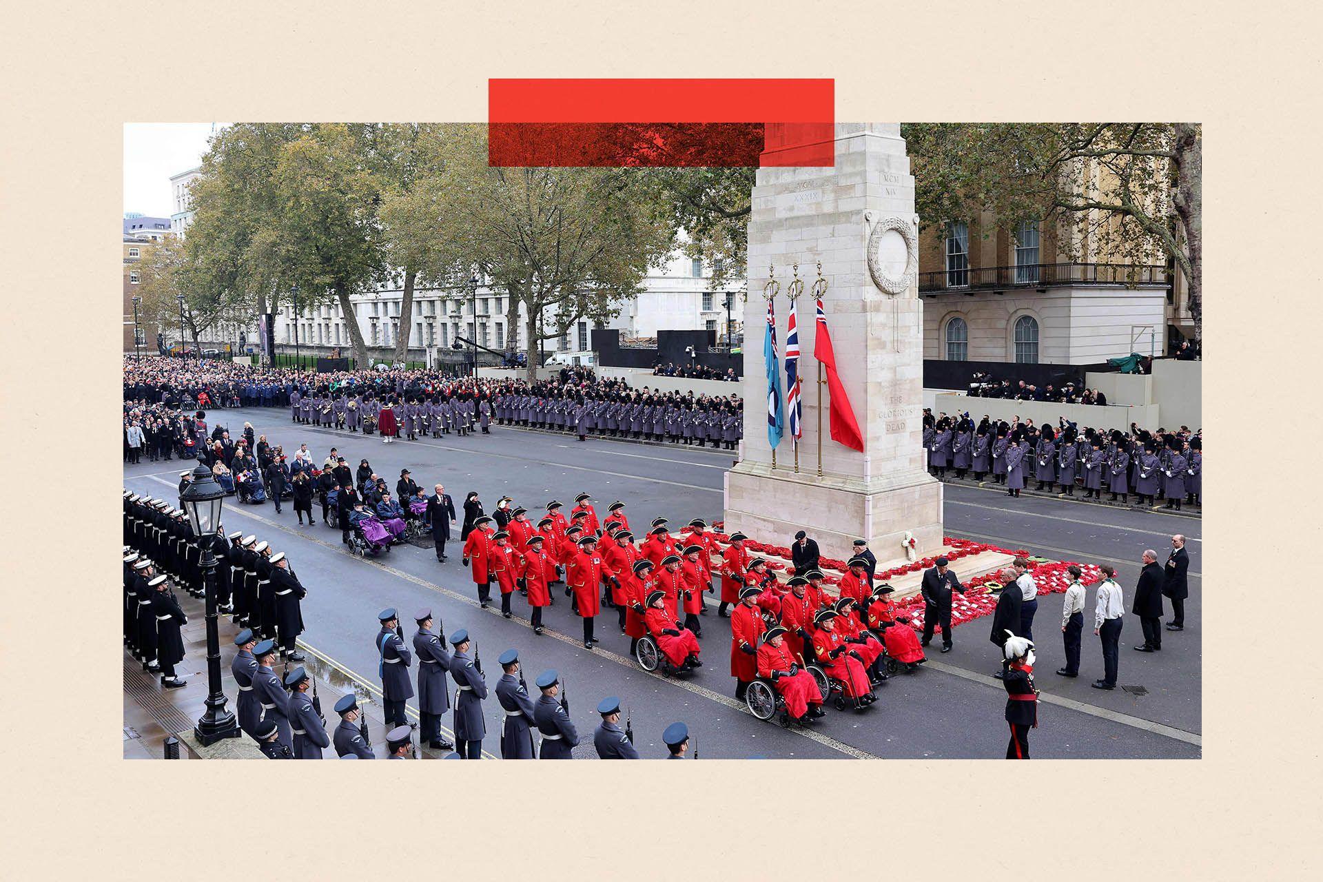 Chelsea Pensioners parade during the National Service of Remembrance at the Cenotaph on Whitehall in central London