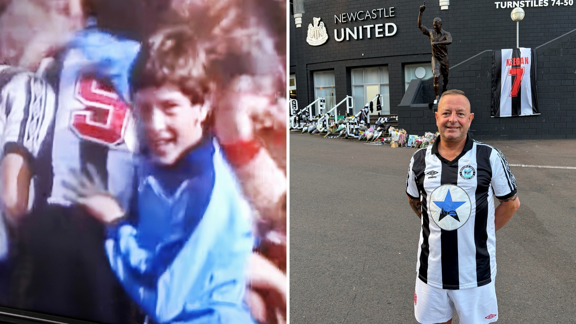 The image on the left shows a young Shaun Dalton, in a blue top jumping towards Kevin Keegan's back. The one on the right shows Dalton paying his respects to Leegan at St James' Park. he is wearing a Newcastle United top. The steps behind him are covered in bouquets. 