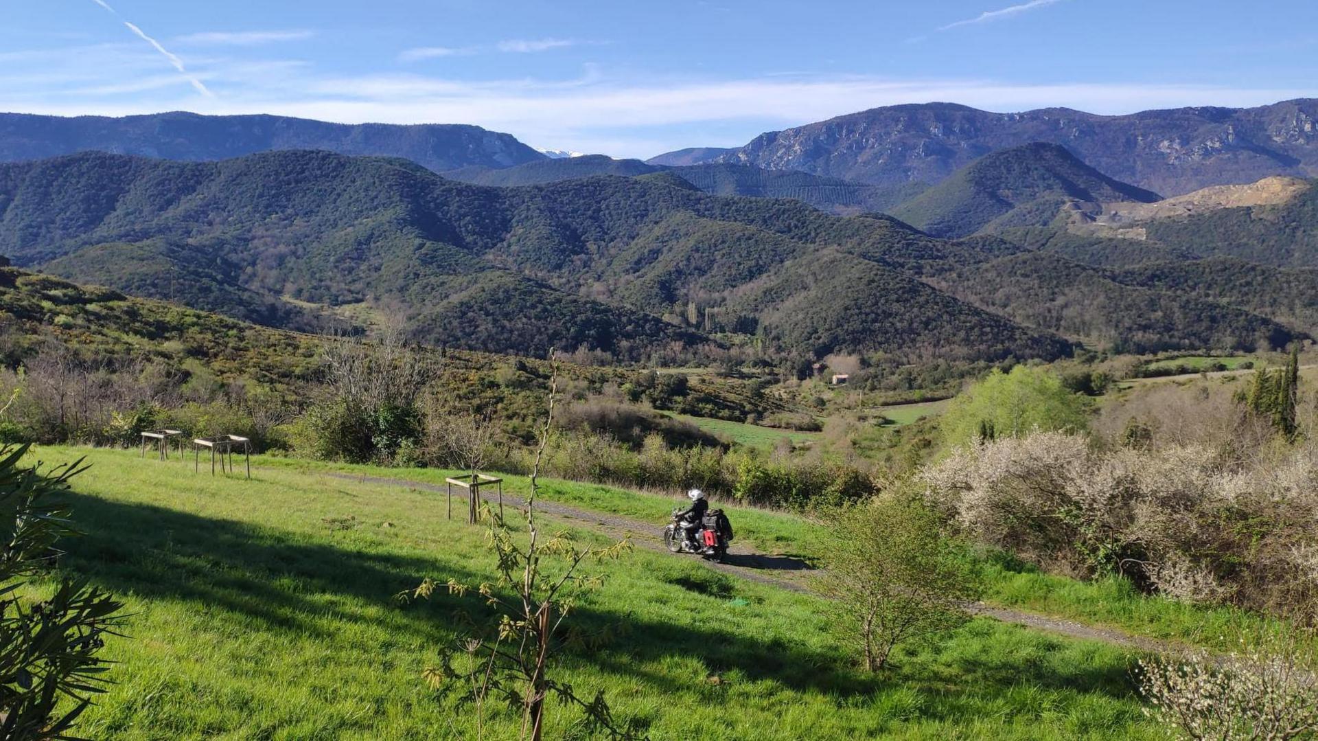 A man on a motorbike rides along a narrow road with trees and grass close to him and a mountain range behind him and blue skies above  