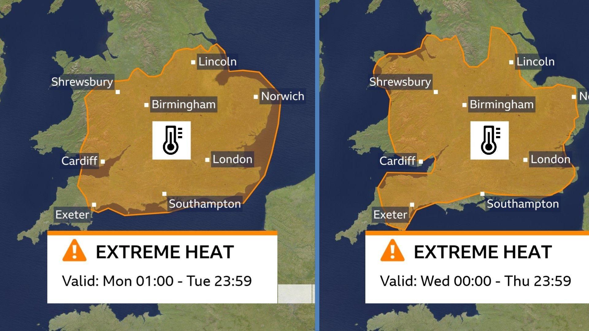 A BBC Weather map showing the amber warning area, covering the Midlands, East Anglia, much of southern England and parts of eastern Wales - on the left, is the extreme heat warning from Monday 01:00 to Tuesday 23:59, with an area extending north and west to now cover most of Wales, and extending into areas of northern England for Wednesday 0:00 to Thursday 23:59 