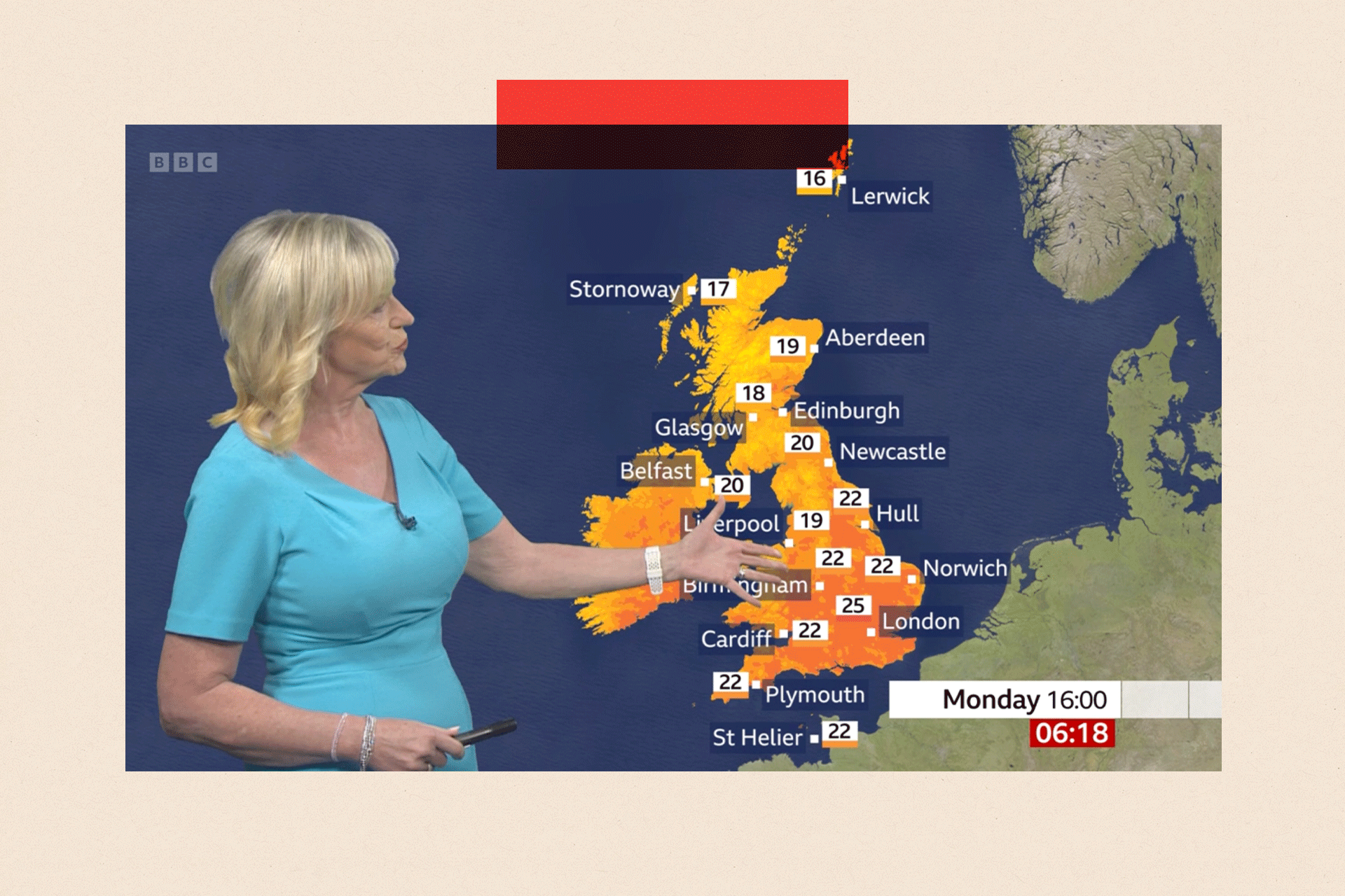 Carol Kirkwood forecasts the weather forecast.