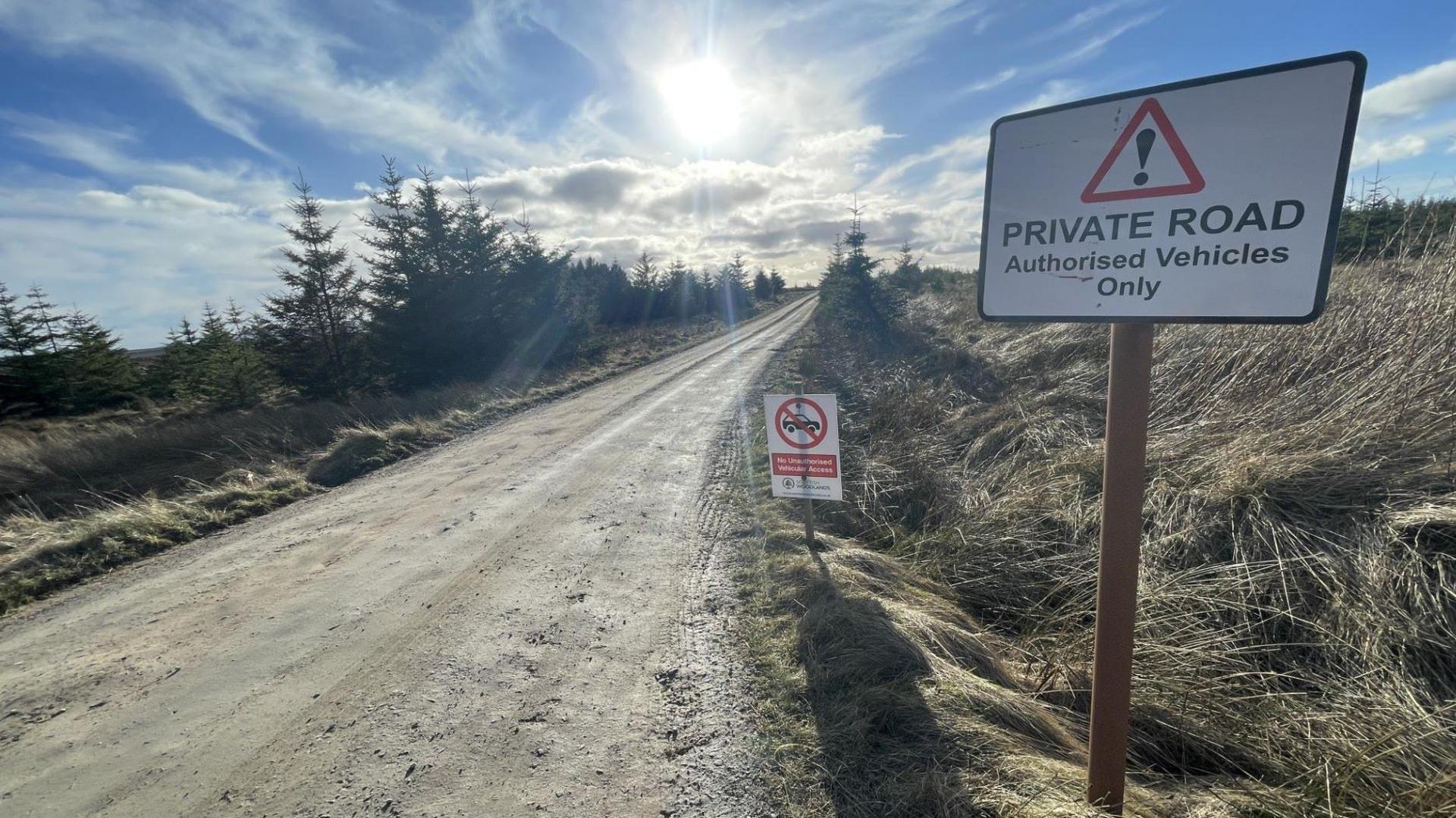 A rough track with some conifer trees on one side of the road. On the right are signs warning that its a private road.