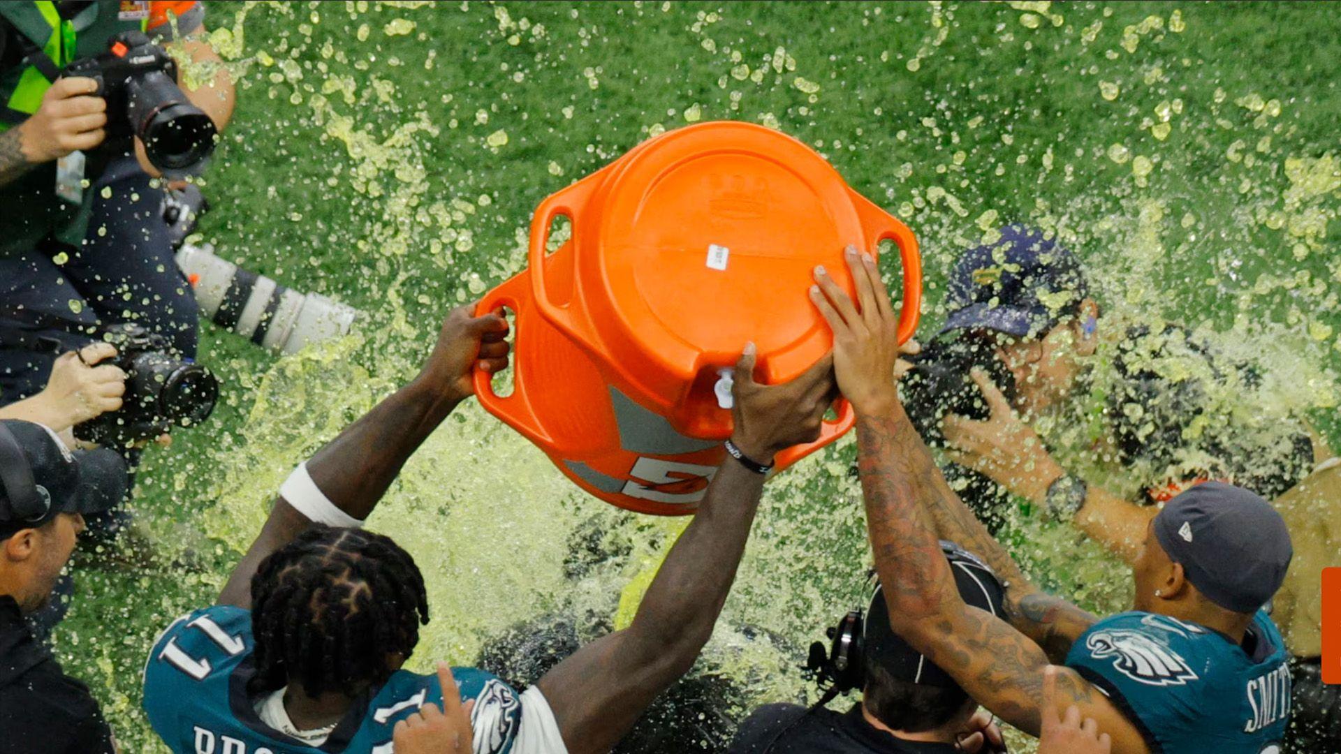 Philadelphia Eagles' A.J. Brown and DeVonta Smith pour Gatorade over head coach Nick Sirianni during the fourth quarter.