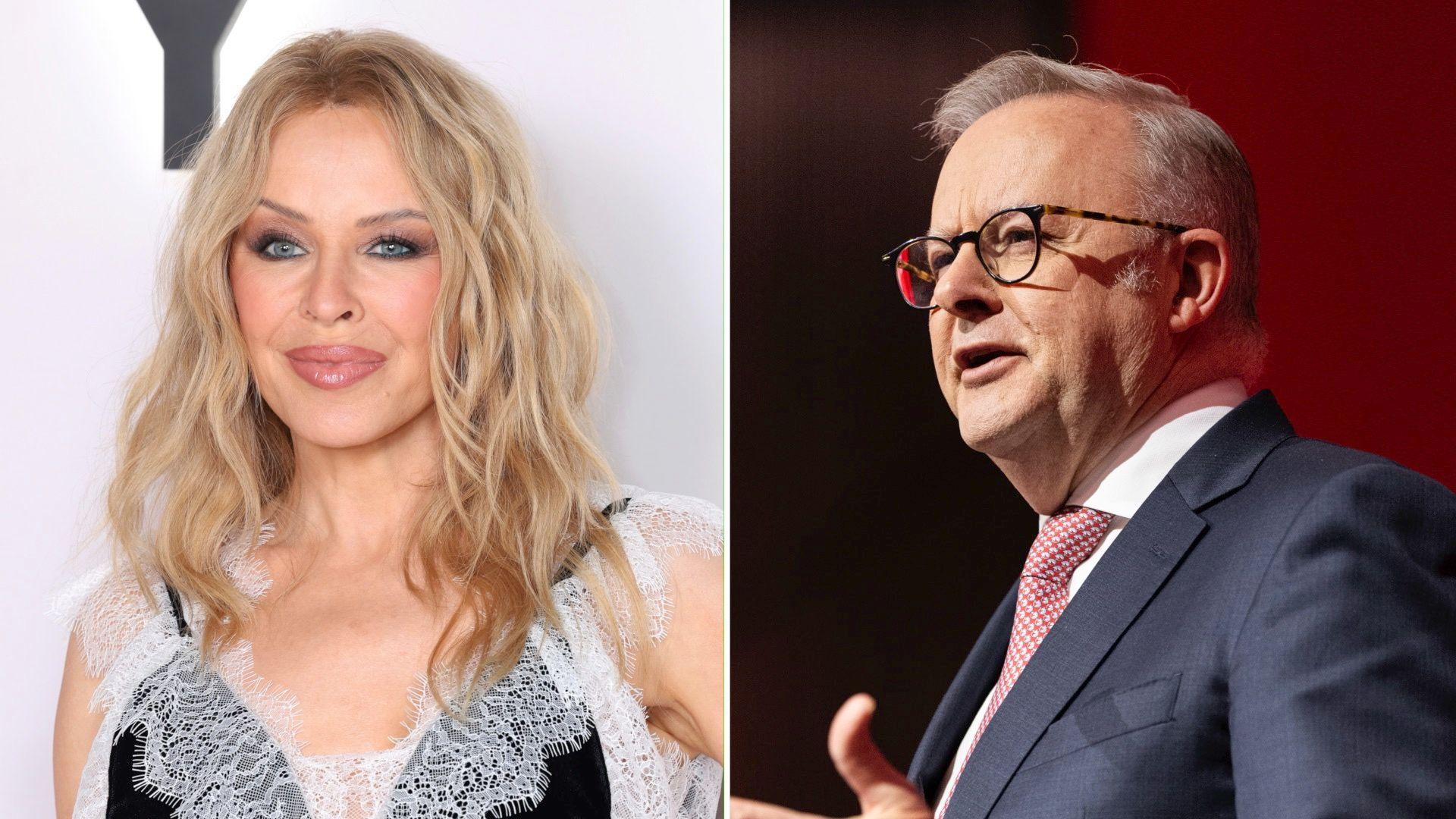 A split screen image of a woman with wavy blonde hair and heavy makeup on the left and a man with short grey hair and glasses in a suit on the right