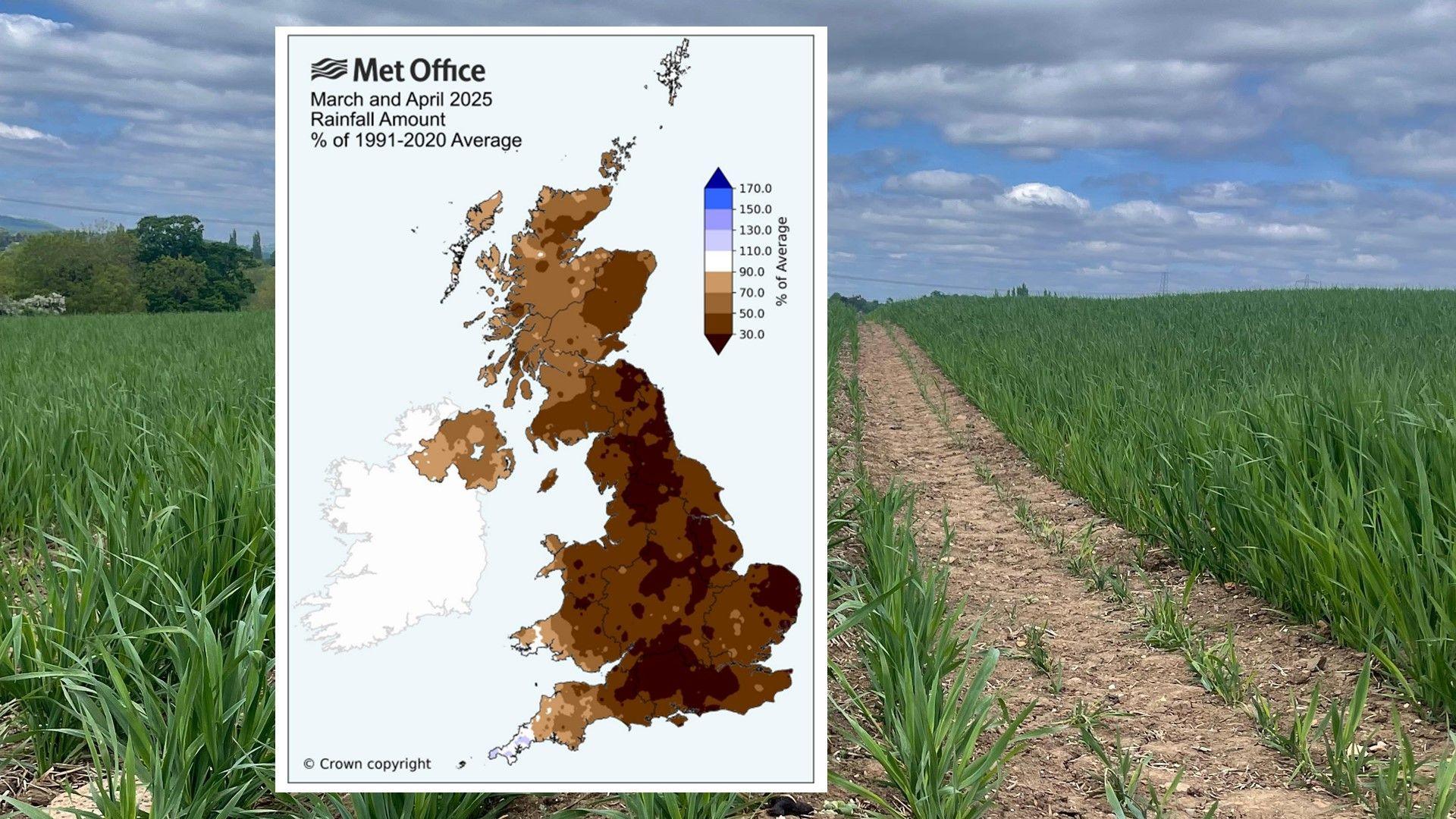 Picture of a dry field with a rainfall anomaly map for Spring 2025.