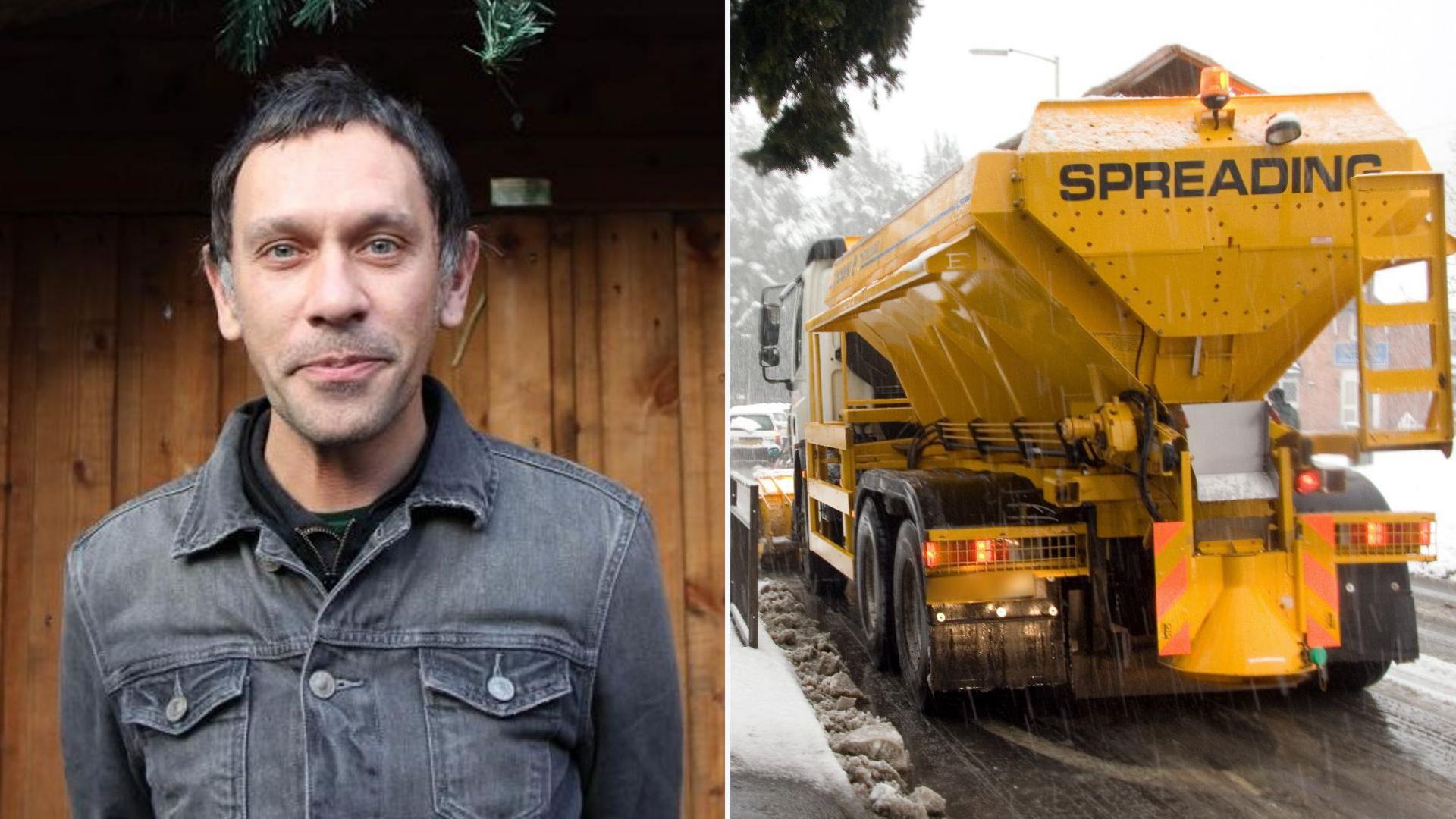 Composite image showing Shed Seven lead singer Rick Witter alongside a gritter driving along a snow-covered road