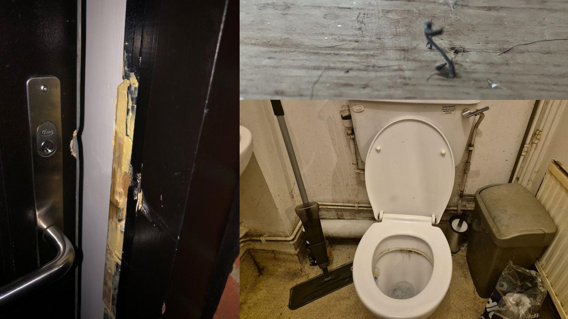 A compilation photo of a broken door, mouldy toilet and nail sticking out a floorboard.