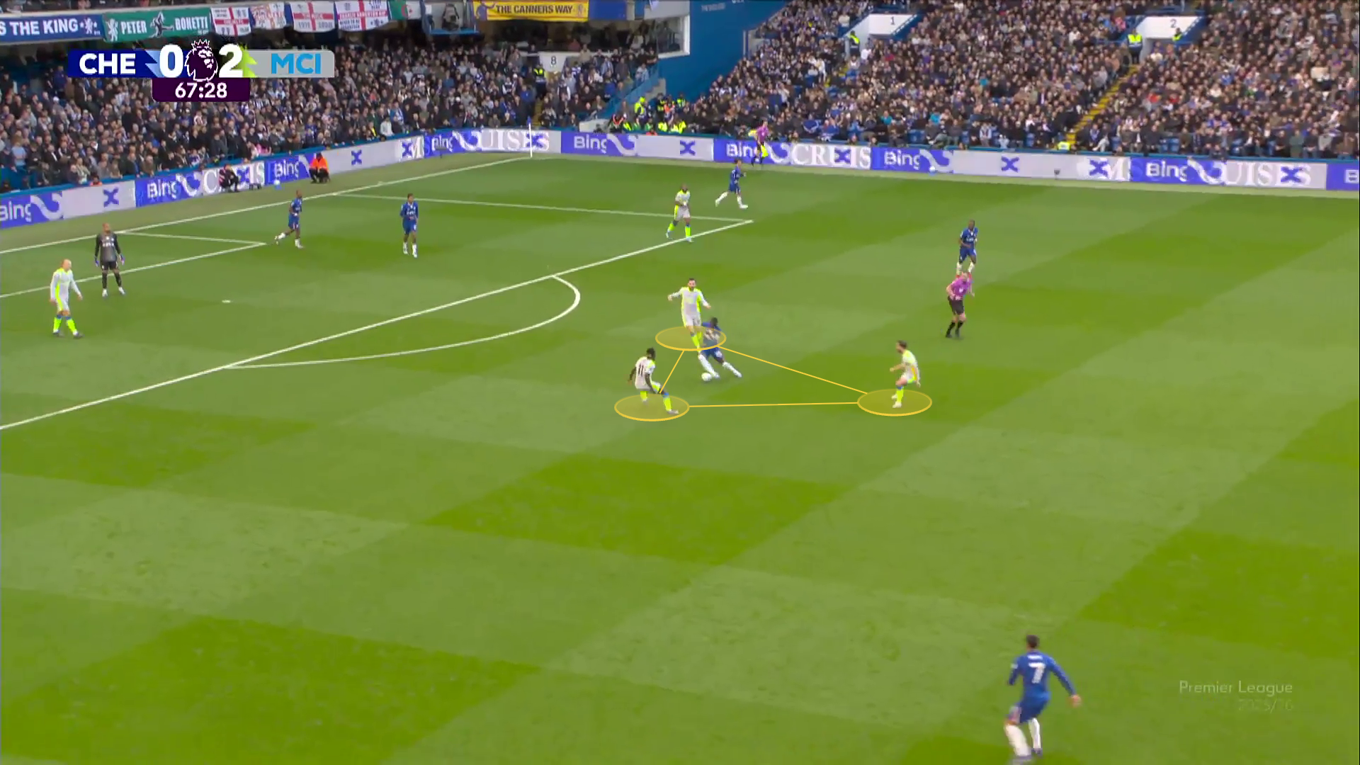 Screengrab from City's win at Chelsea illustrating Doku's pressing intensity to win the ball from Moises Caicedo before scoring