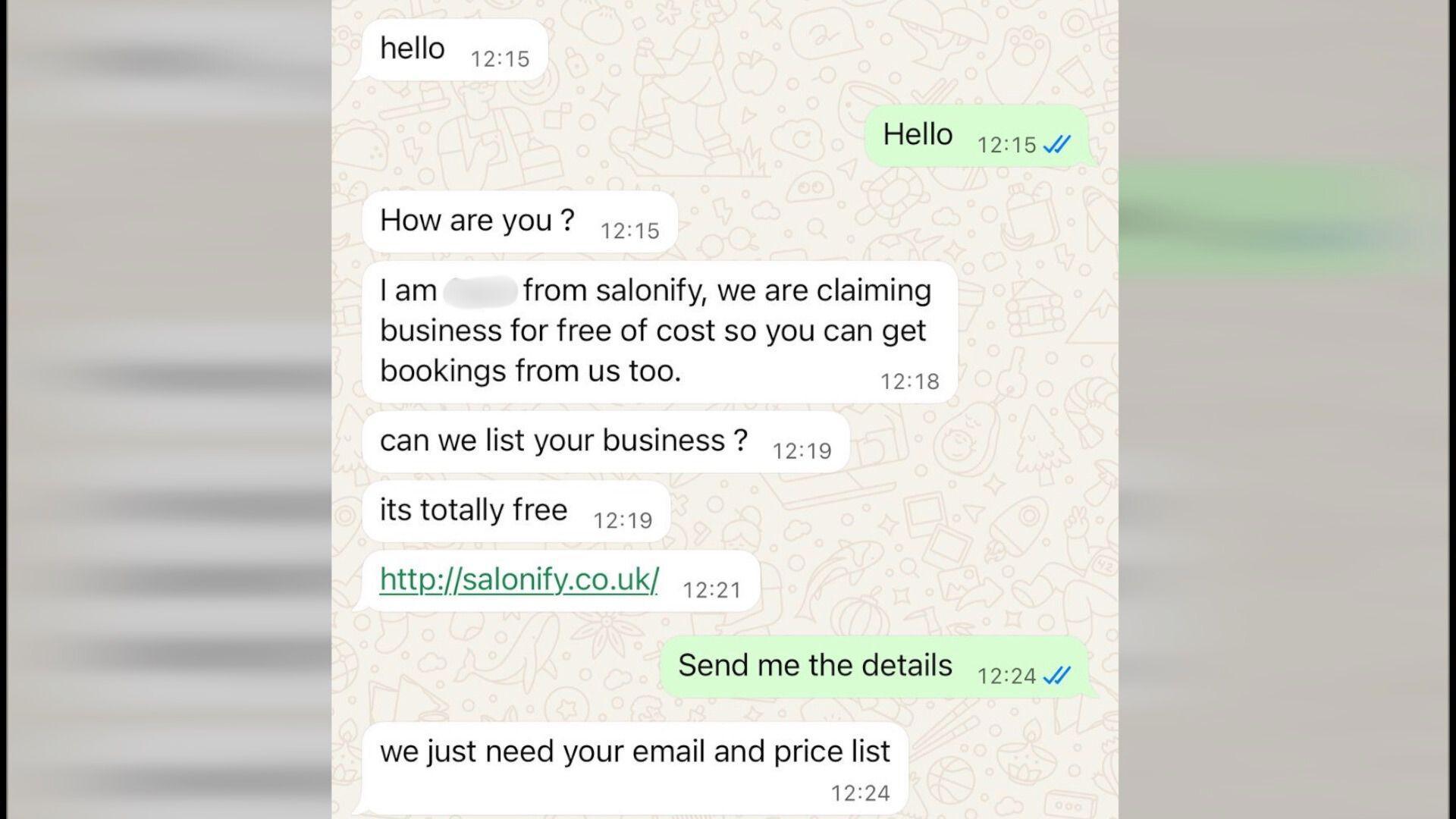 WhatsApp messages from someone saying they are from Salonify. They say: "Hello. How are you? I am [redacted] from Salonify, we are claiming business for free of cost so you can get bookings from us too. Can we list your business? its totally free." Then they send a link to their website before saying: "we just need your email and price list".