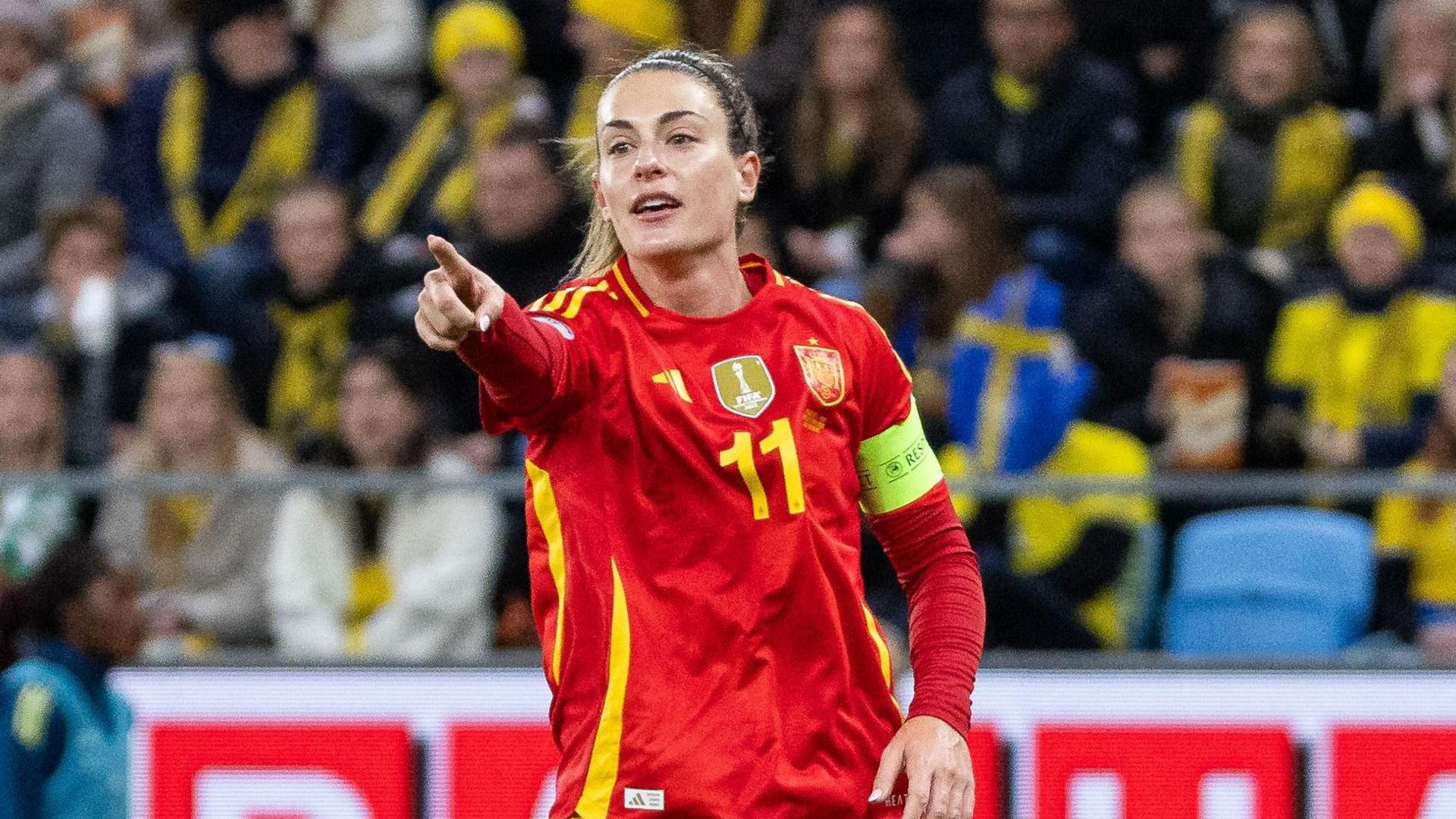 Alexia Putellas celebrates scoring for Spain against Sweden