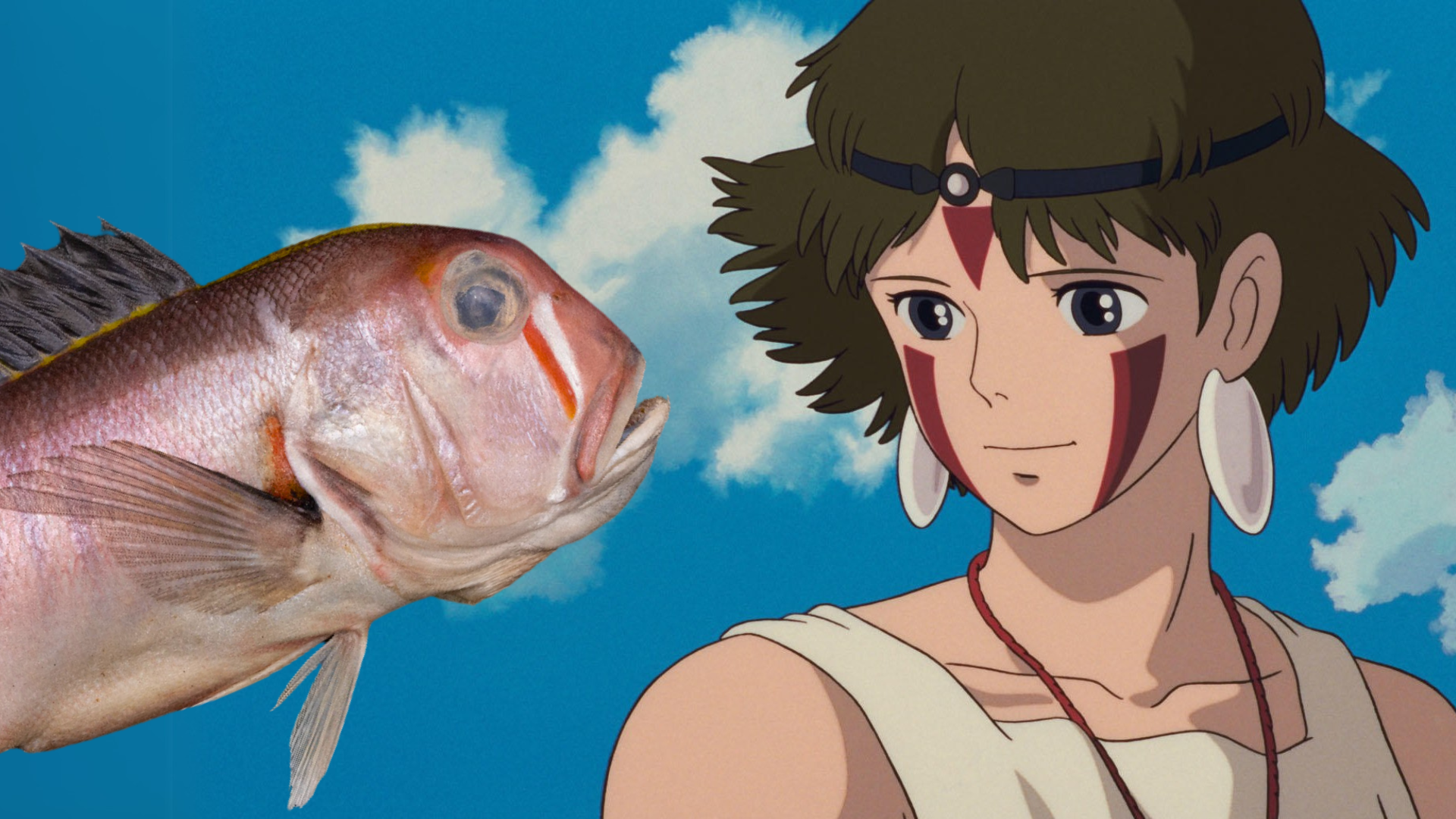 On the left is the newly discovered fish, which has a reddish tint, an orange and white marking under its eye and an open mouth.

On the right is San, an animated character who has short brown hair, red tribal markings on their face, a white sleeveless outfit, and large circular earrings. 

The background is a bright blue sky with fluffy white clouds. 