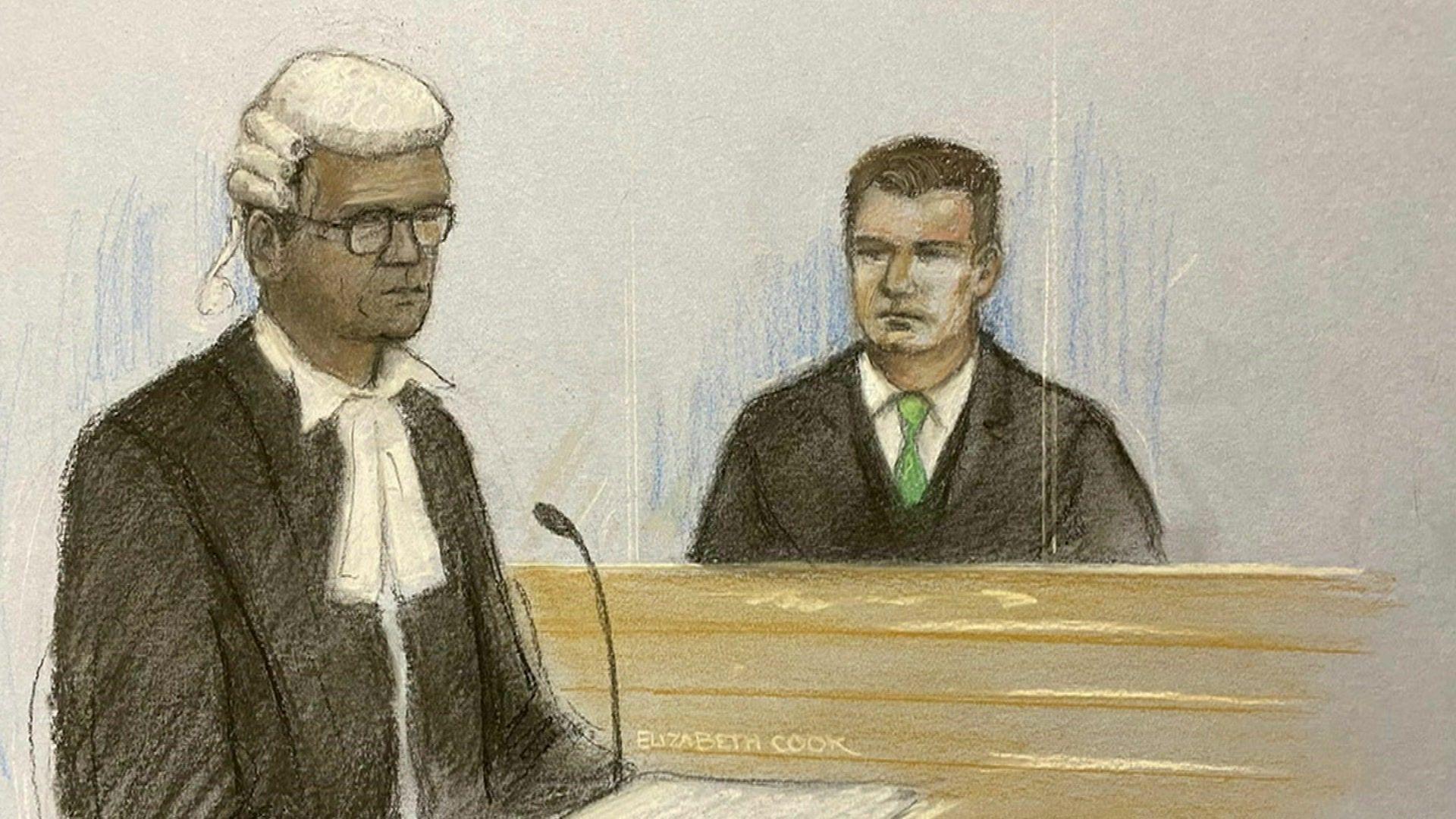 A court sketch of a lawyer wearing a barrister wig and glasses, in the dock is the defendant wearing a green tie, white shirt and black blazer