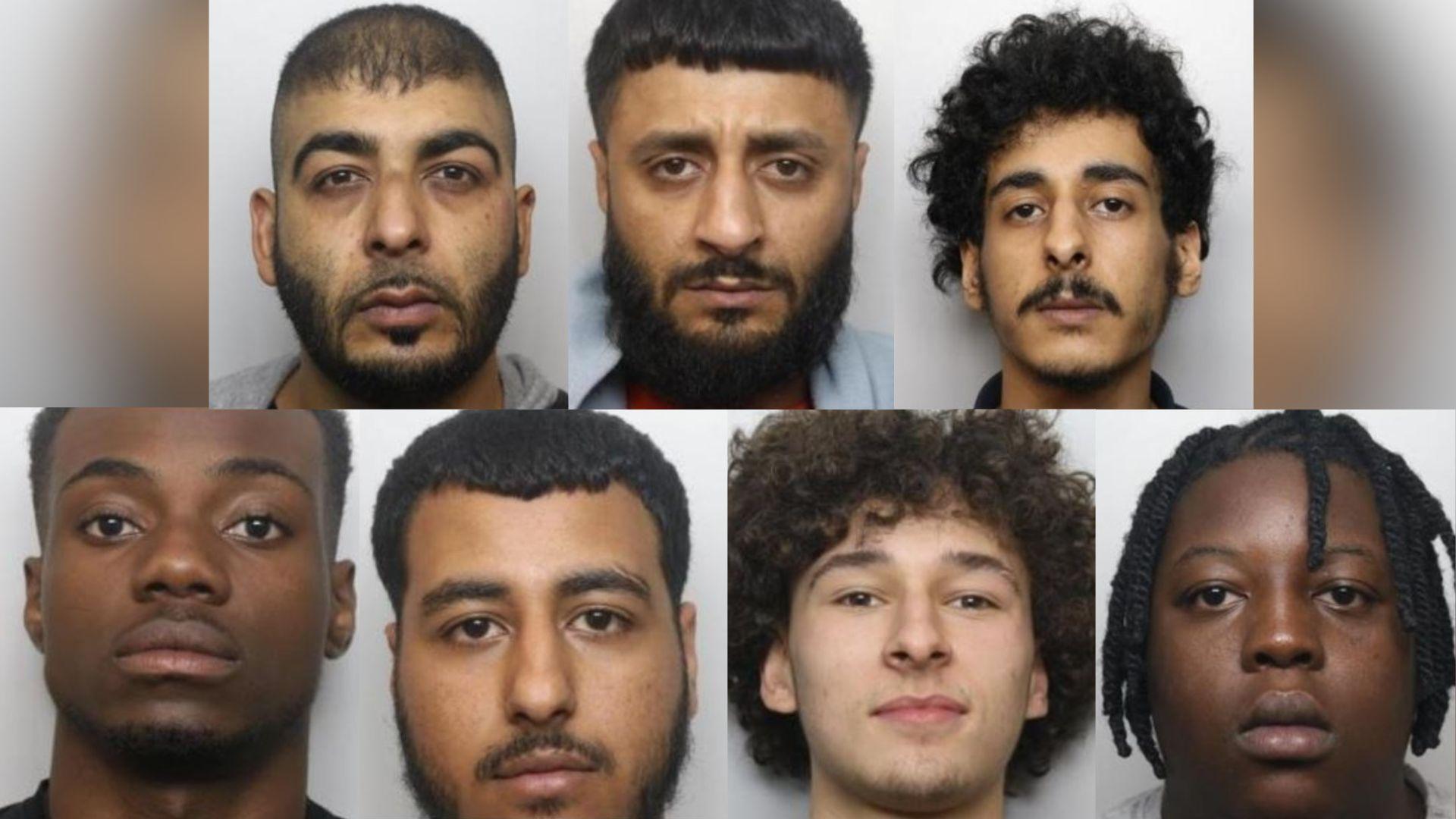 Seven police mugshots against a grey background, showing men in their twenties and some in their late teens.