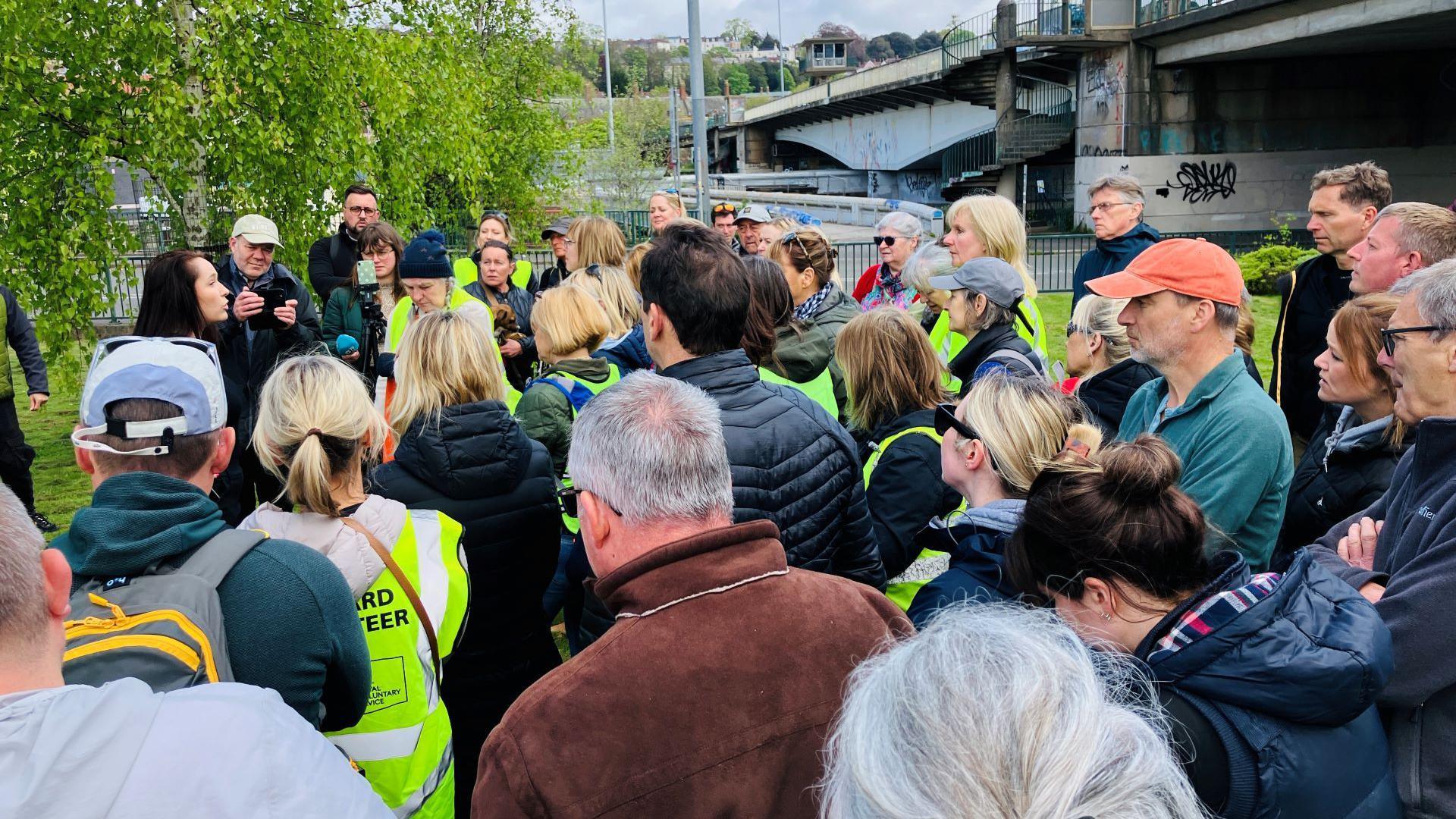 Crowds gathering neat Brunel Bridge