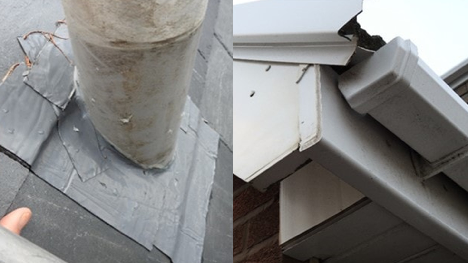 Duct tape used to fix a roof, and poorly aligned guttering