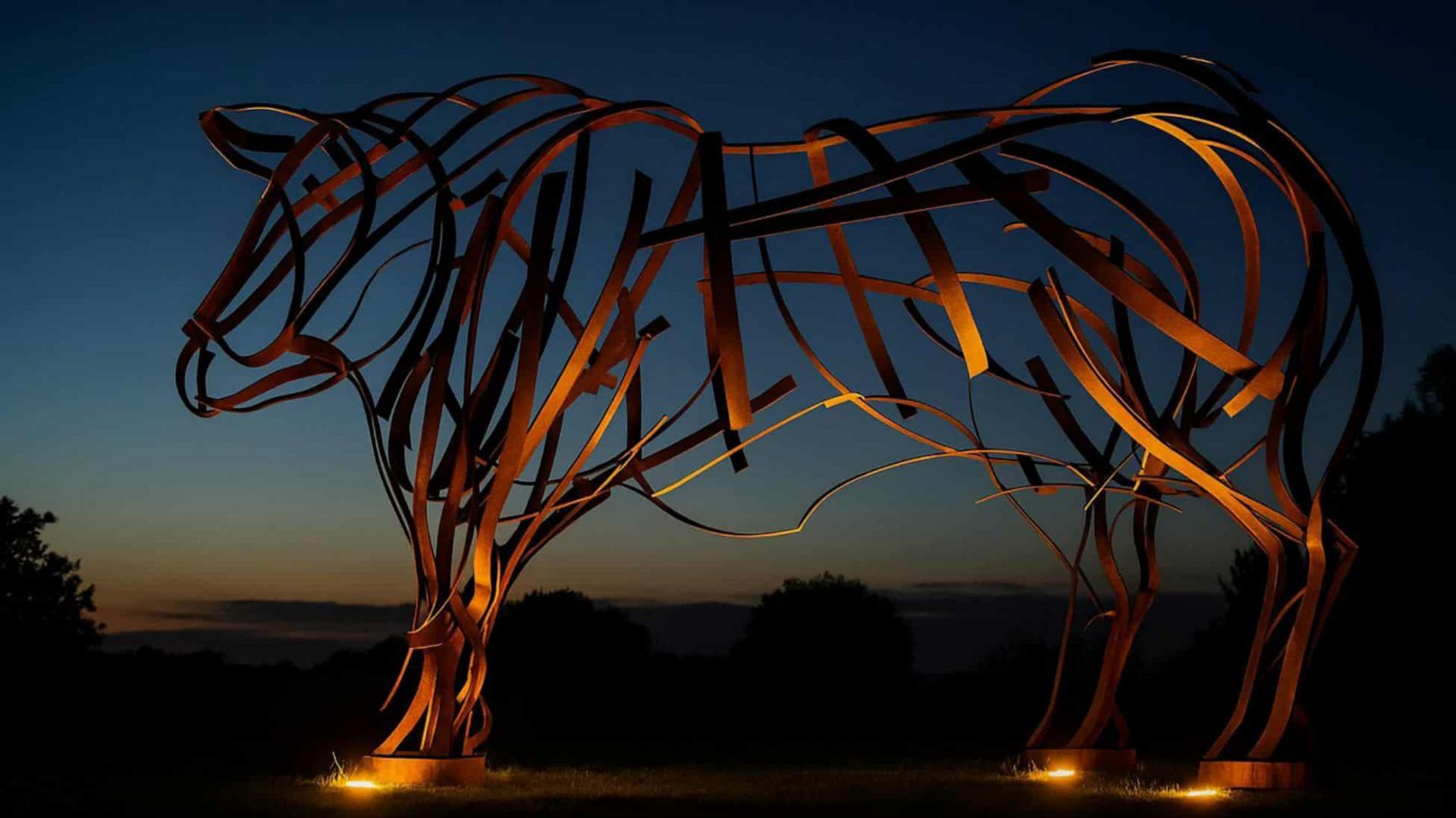 An image of the bull statue, which is made out of metal strings assembled in the shape of a bull. In the picture, it is lit up at dusk.