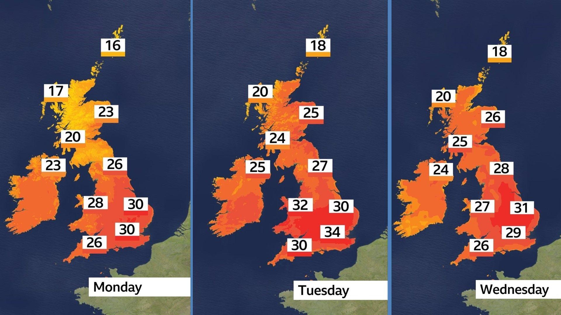 Three maps showing maximum temperatures across the UK on Monday, Tuesday and Wednesday. Tuesday shows the peak of the heatwave with temperatures between 18 to 34 Celsius north to south