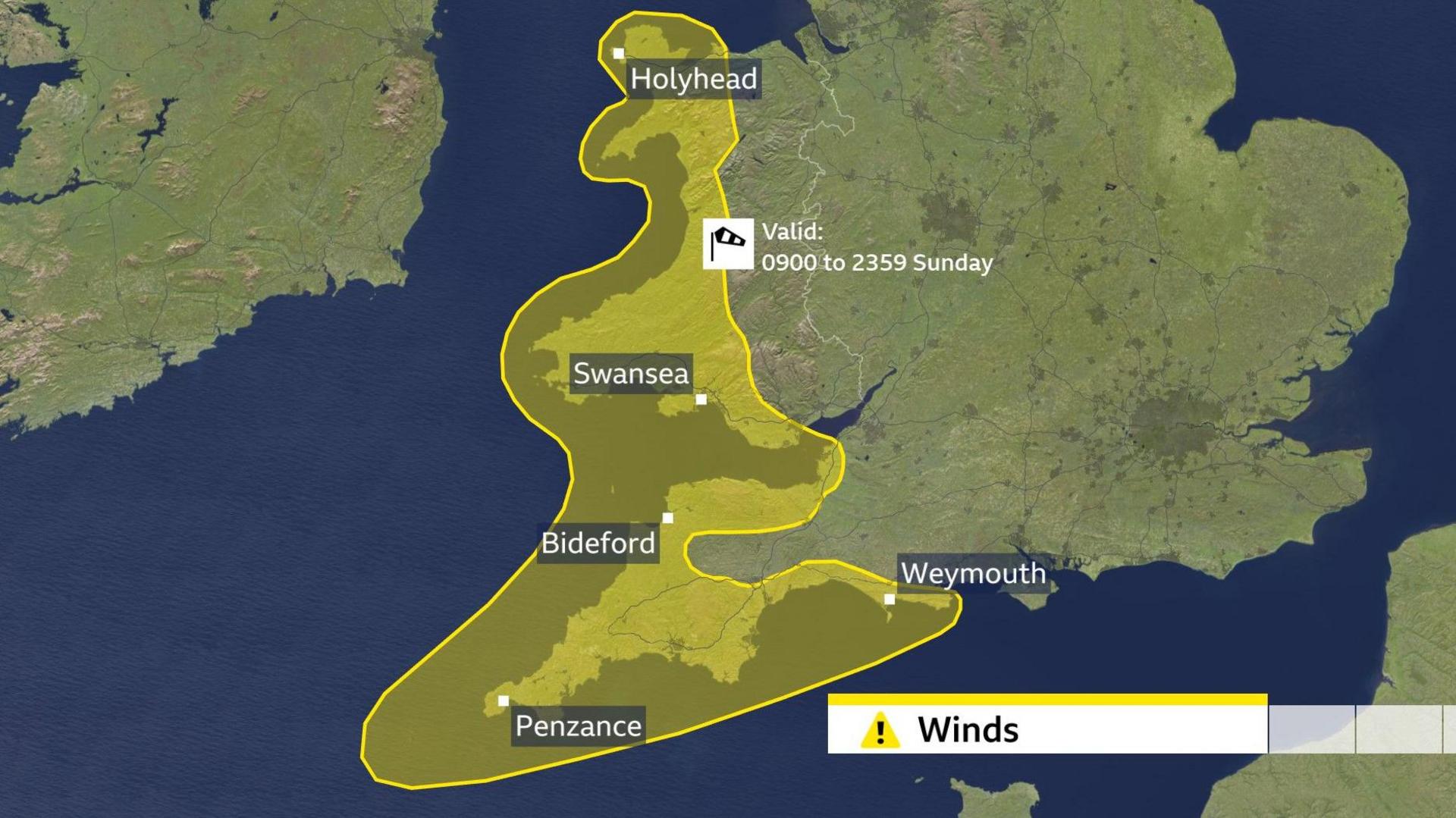 鶹 Weather map showing a Met Office yellow warning area covering much of west and south Wales, as well as south-west England. Text says "Valid 0900 to 2359 Sunday"