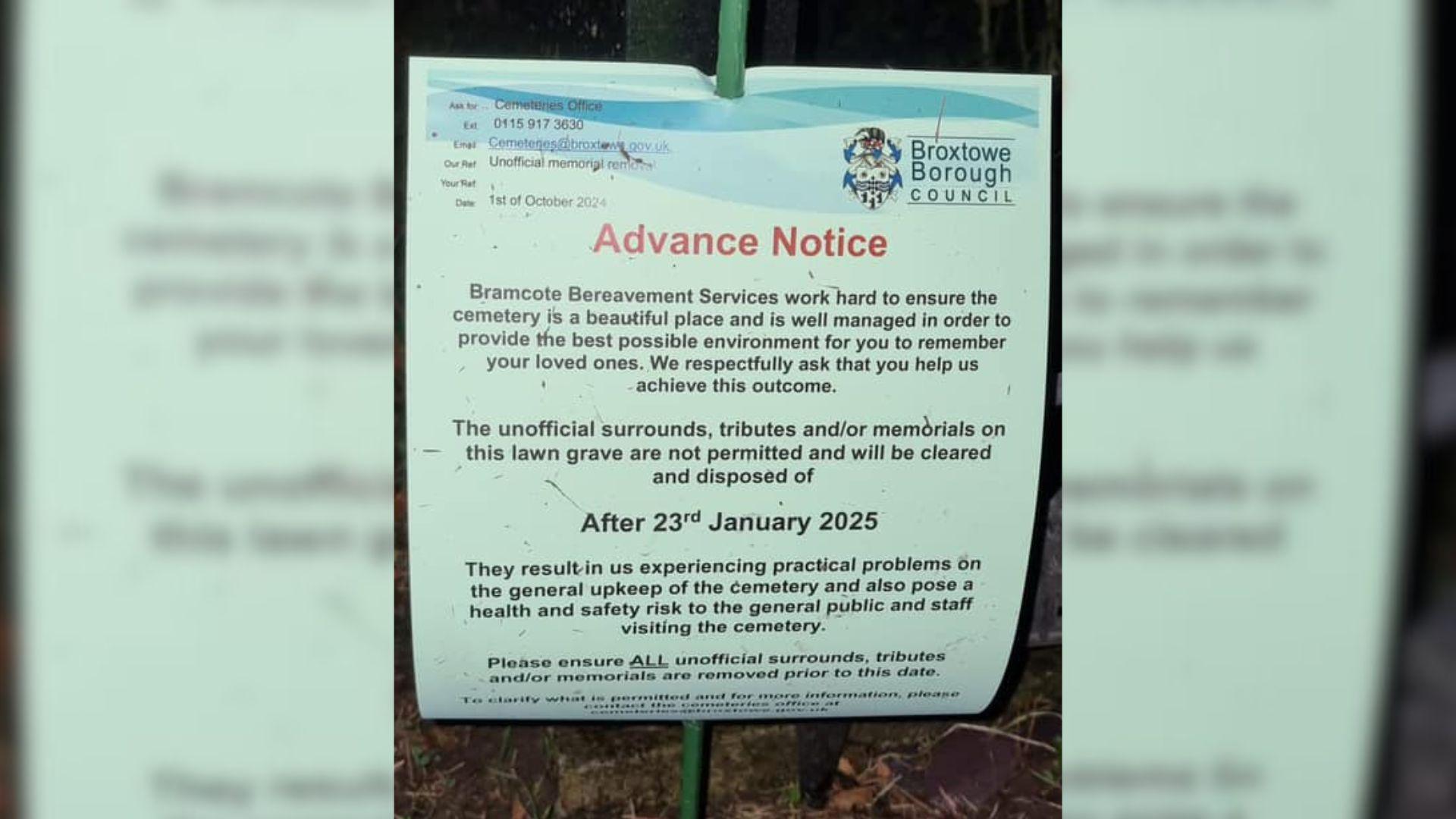 A council notice from Broxtowe Borough Council asking people to remove unofficial grave tributes by 23 January 2025.