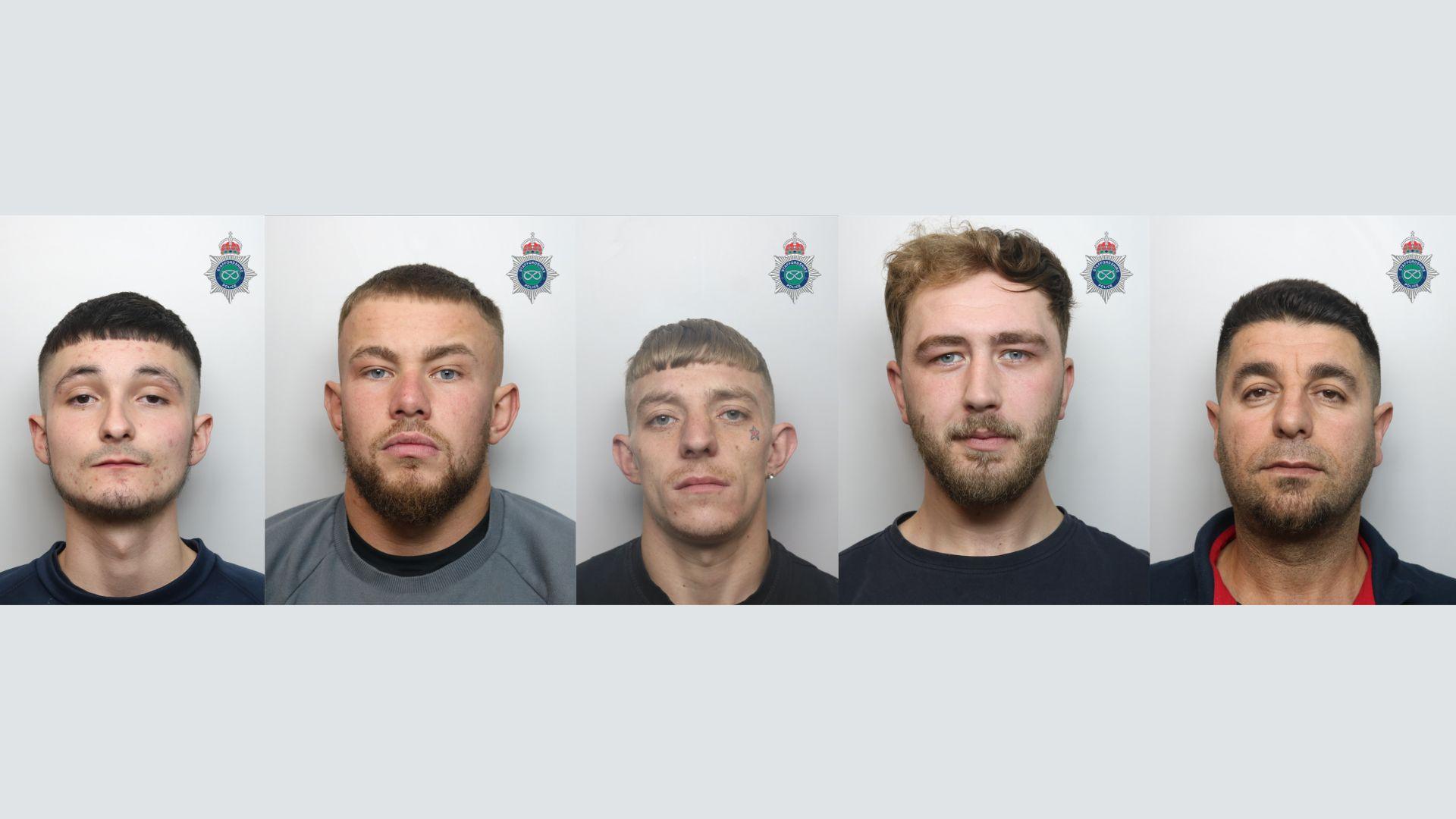 Mugshots of five men - Tyler Marchese, Joseph Pointon, Jordan Winyard, Jordan Jones and Dillan Bahruzi.