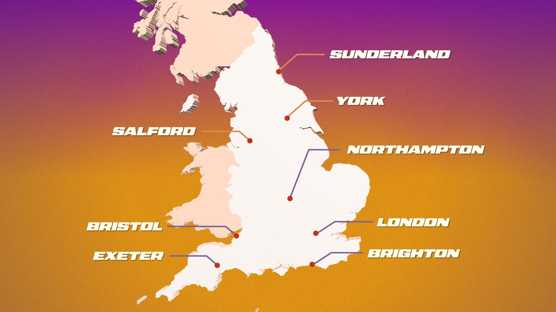 a map of England indicating the eight locations the rugby World Cup is taking place