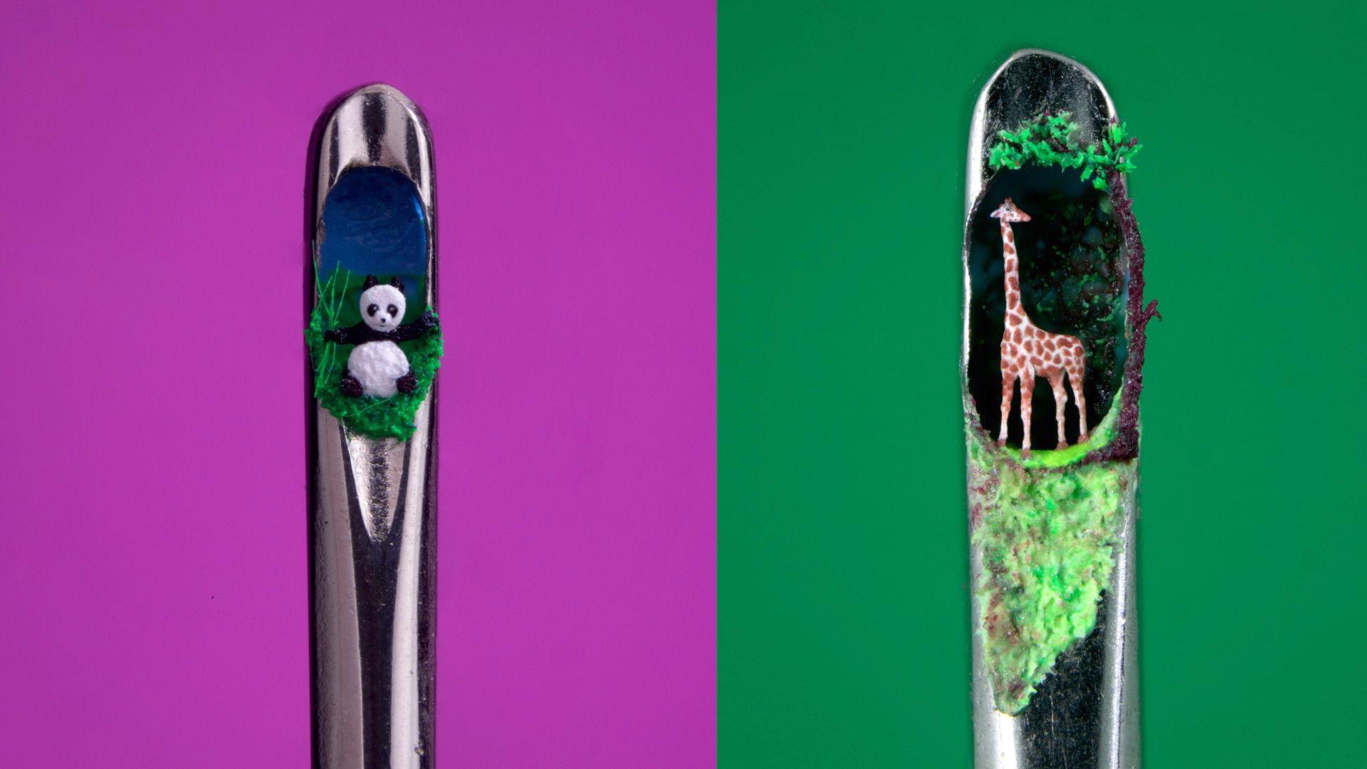 Side-by-side images of two needle eyes with David Lindon's artwork inside. The image on the left shows a black and white panda resting in some greenery with a blue background. The image on the right shows a Giraffe with a forest background.