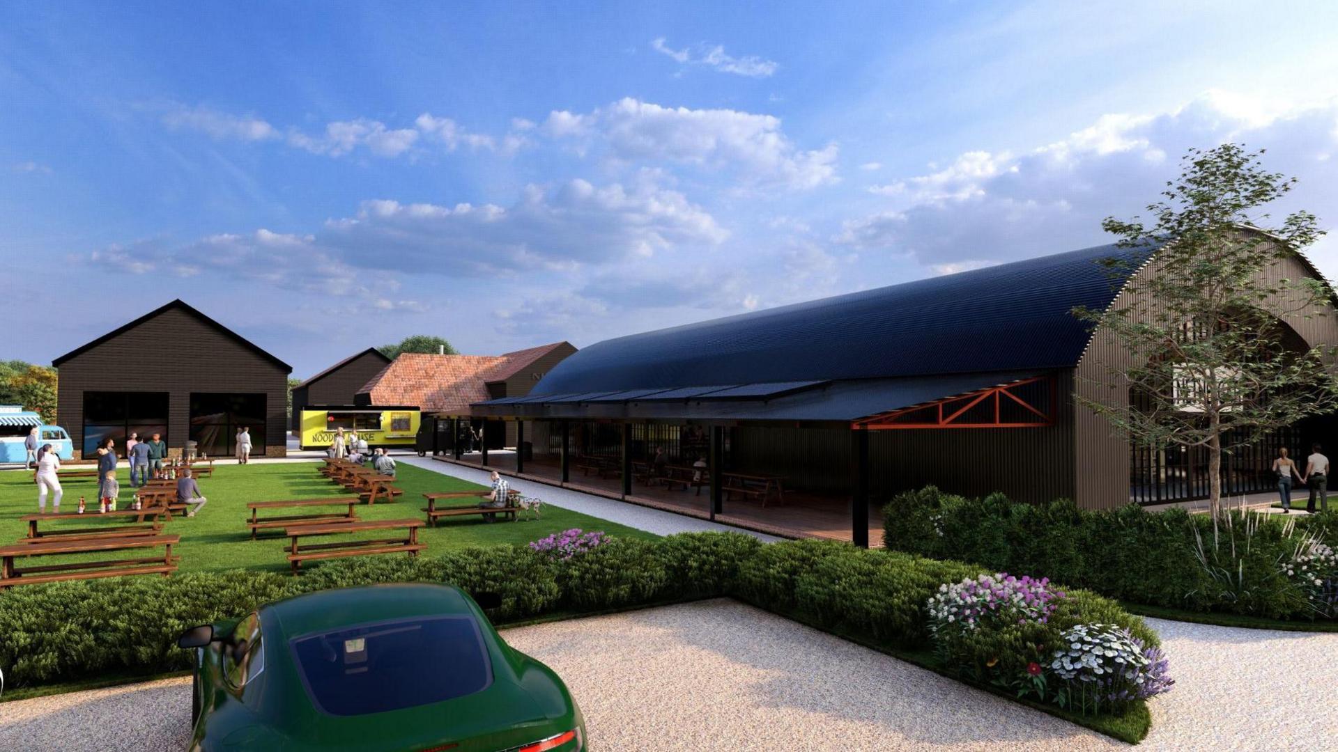 An artist's impression of what the expansion could look like once completed on the site. A large building with a rounded roof can be seen on the right. While on the left there is a garden with beer garden tables. A car sits in front of both in a car park.