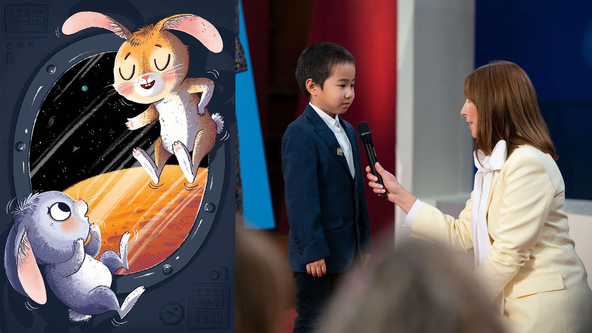 On the left is an illustration of two bunnies - one grey and one orange/brown - in a spaceship. Out the window is Mars, an orange planet. On the right is a picture of Zuren in a blue suit and white shirt speaking to Alex Jones who is crouched down with a microphone. 