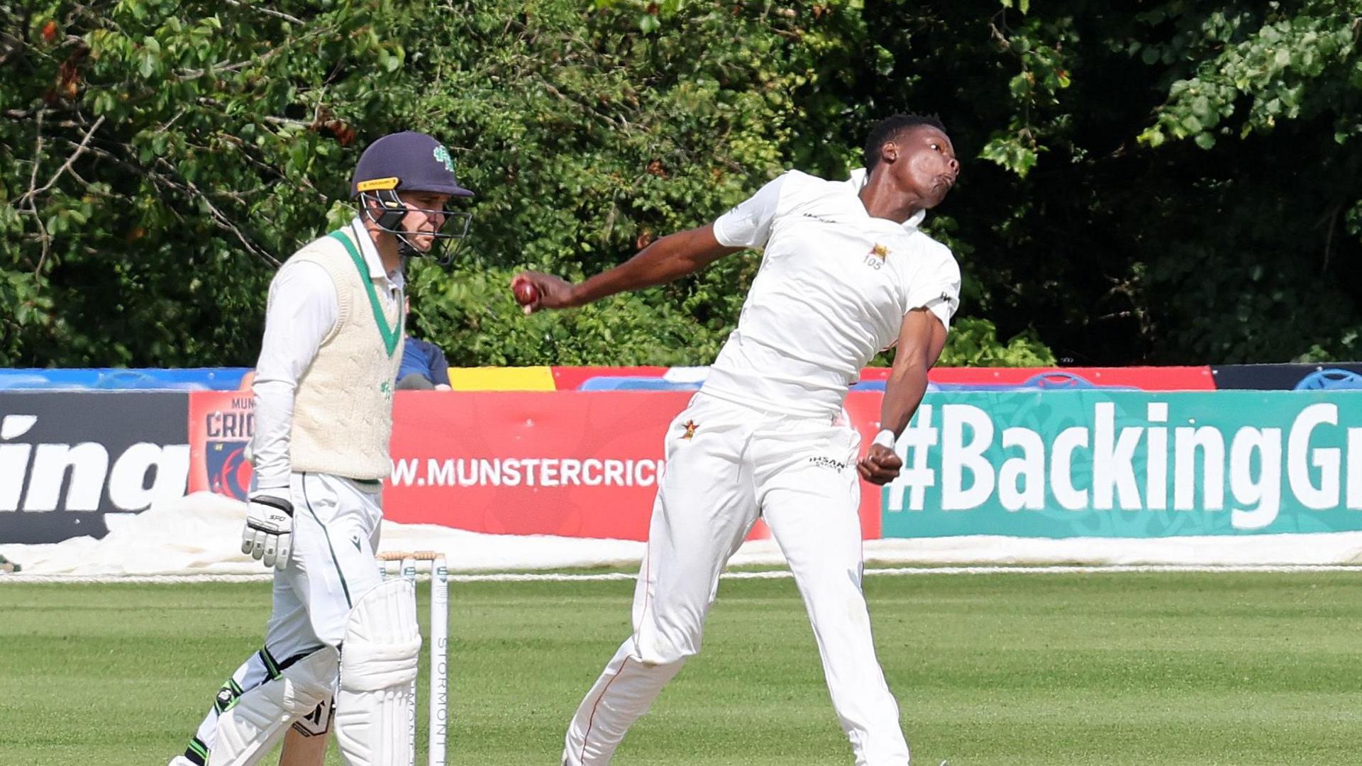 Richard Ngarava bowls against Ireland on Sunday