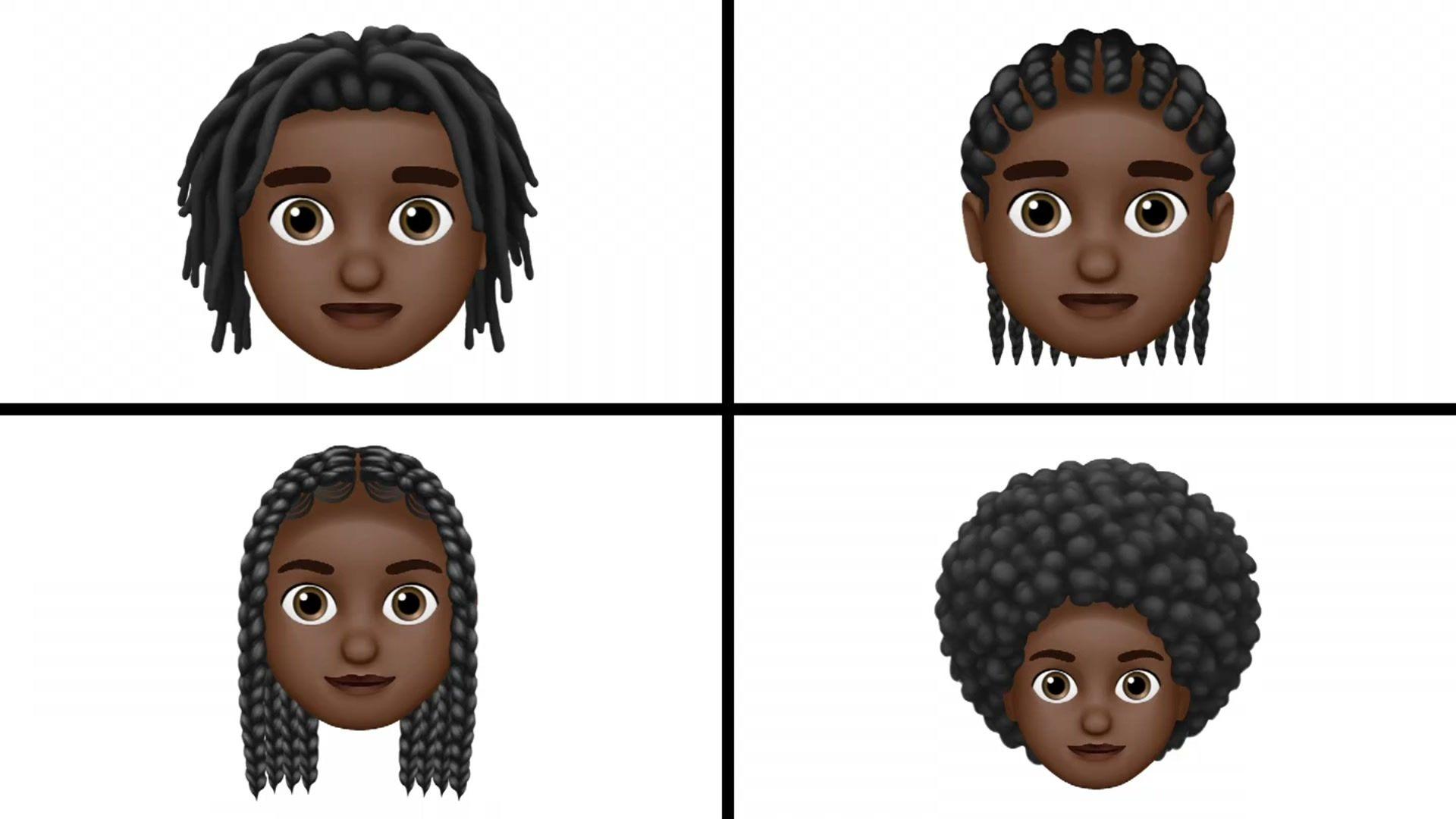 Four emoji faces are shown against a white backdrop, each with a different Afro-textured hairstyle. The styles include medium-length dreadlocks, cornrows braided back, long box braids, and a large, voluminous afro.