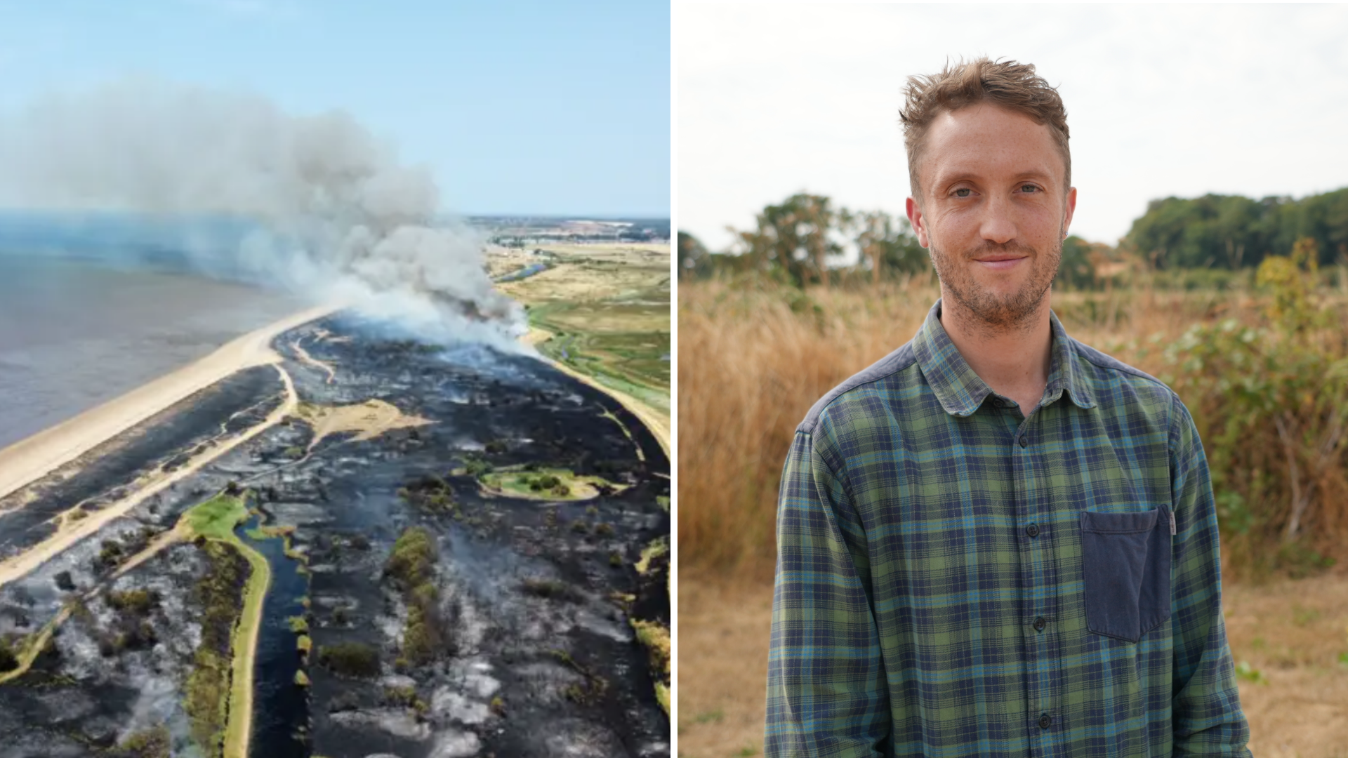 A composite image. On the right, a large area of land is completely scorched and blackened, with smoke rising from it. Unburnt land can be seen in the distance, and the sea. On the left, a man with light coloured hair and a short beard, wearing a green and blue checked shirt, stands in front of an area of long grass, with trees behind him.