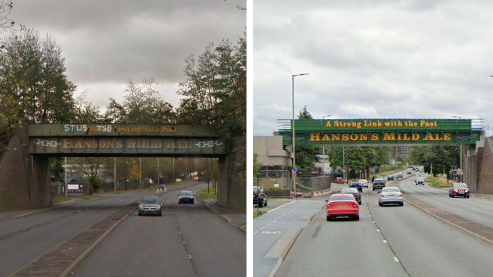 A composite image showing an old railway bridge advertising Hanson's Mild Ale next to a new bridge under construction with identical artwork displayed.