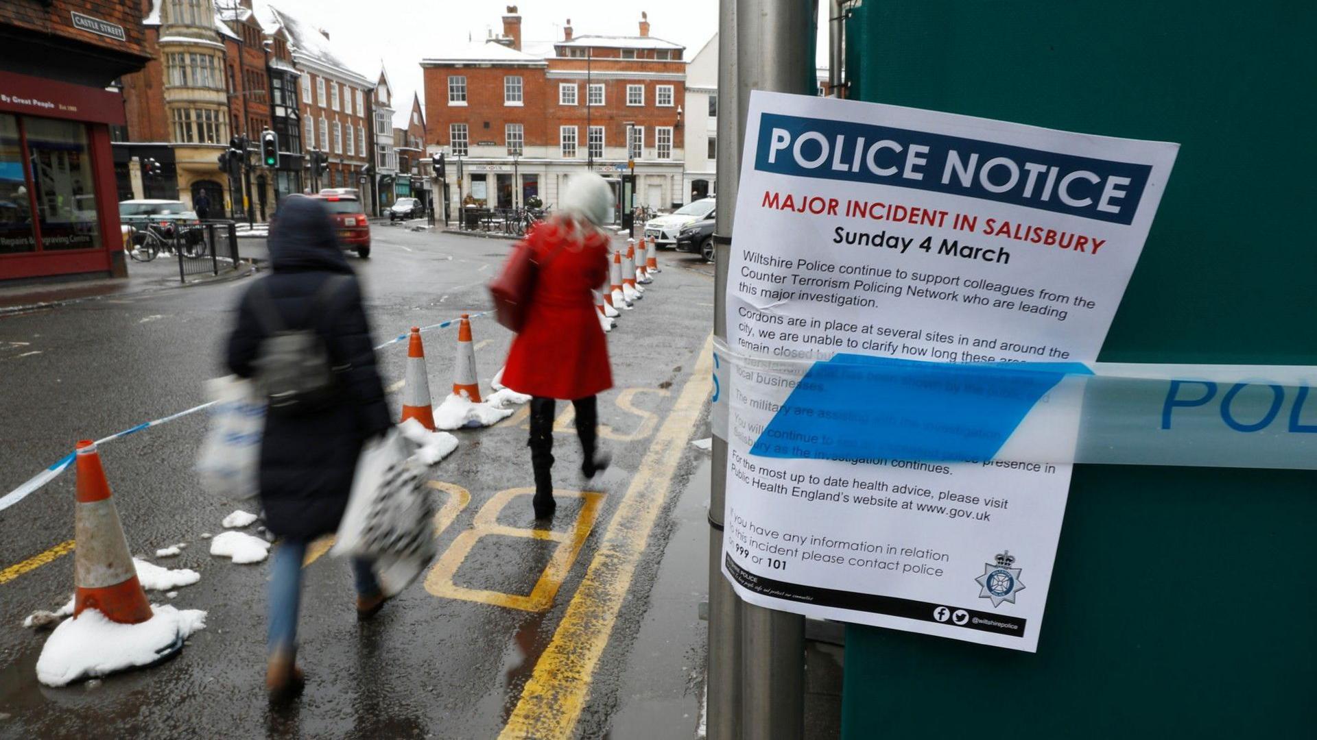 A police notice is attached to screening surrounding a restaurant which was visited by former Russian intelligence officer Sergei Skripal and his daughter Yulia before they were found on a park bench after being poisoned in Salisbury.