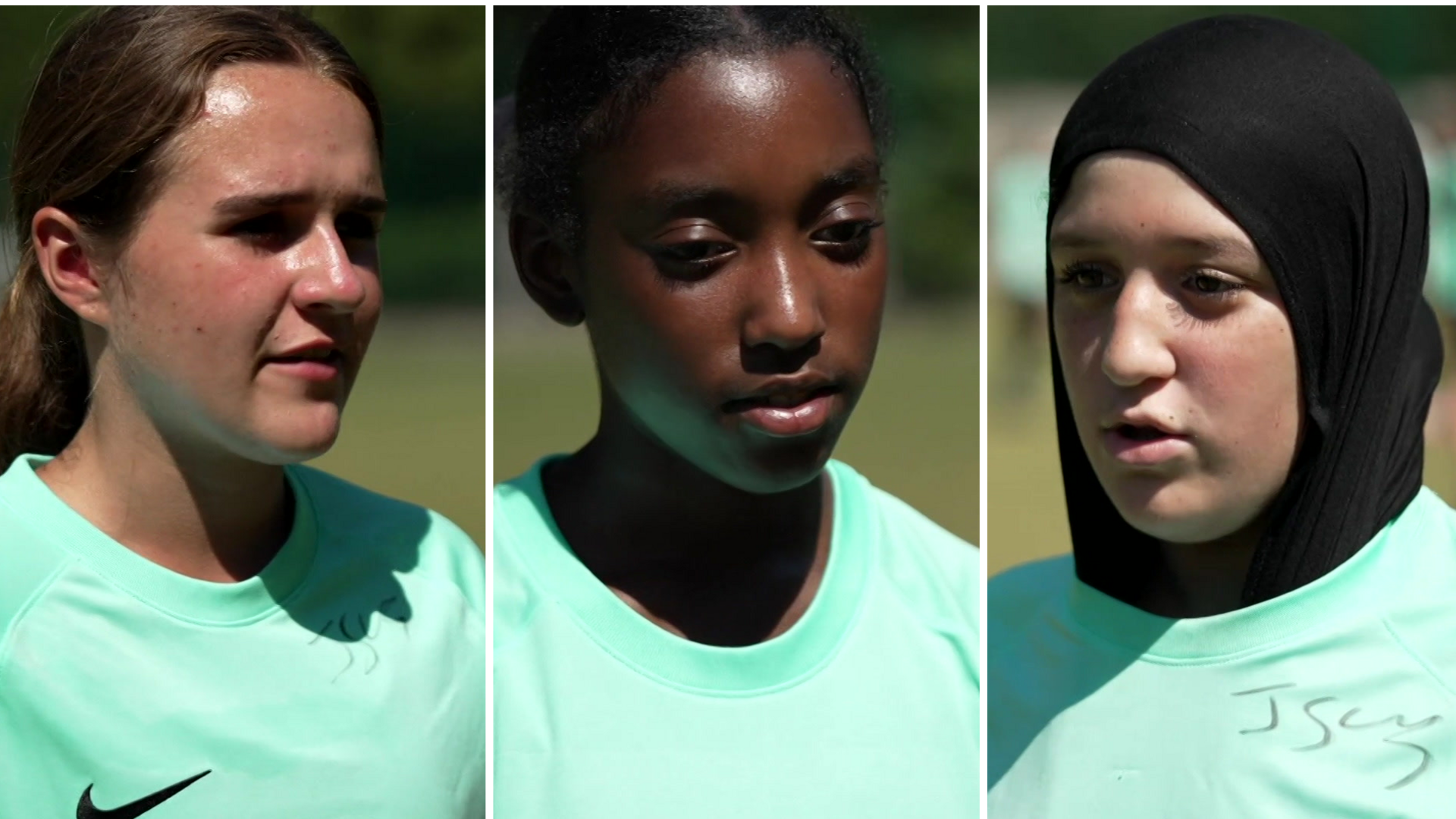 Composite image of three girls in green football jerseys being interviewed for TV. 