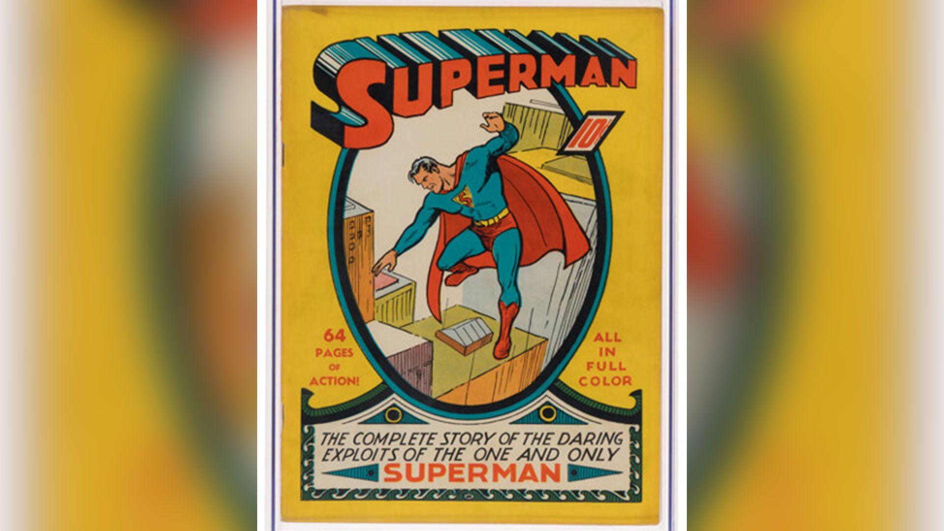 An original copy of the first Superman copy, which is a yellow comic book with a superhero in a blue costume and red cape on the cover