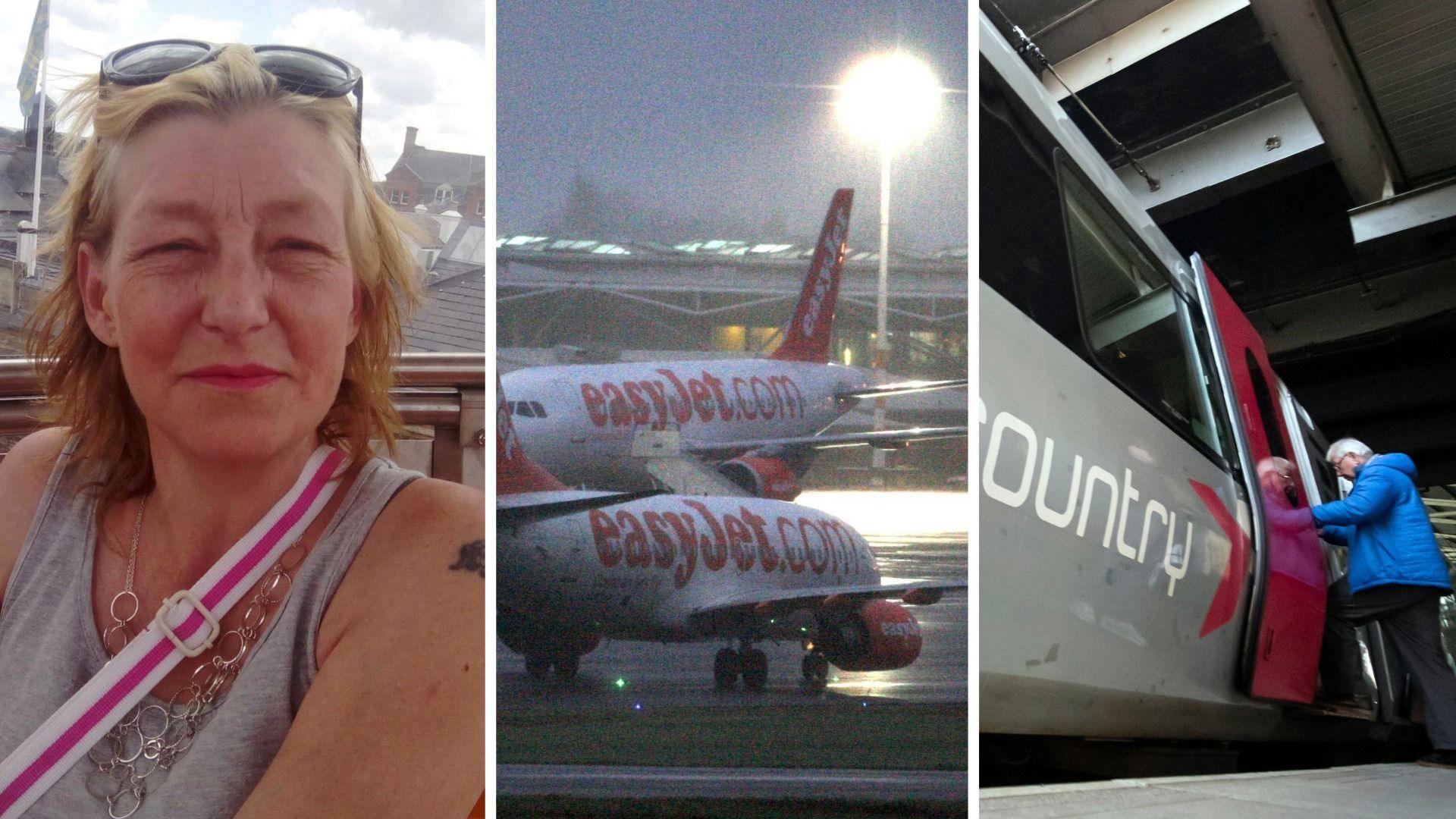 A composite image. On the left is Dawn Sturgess. She has light hair and is wearing a grey top with sunglasses on top of her head. In the middle are two Easyjet planes taxiing on a runway in dark, damp conditions. On the right is an elderly man boarding a CrossCountry grey and red train. He is wearing a blue coat.