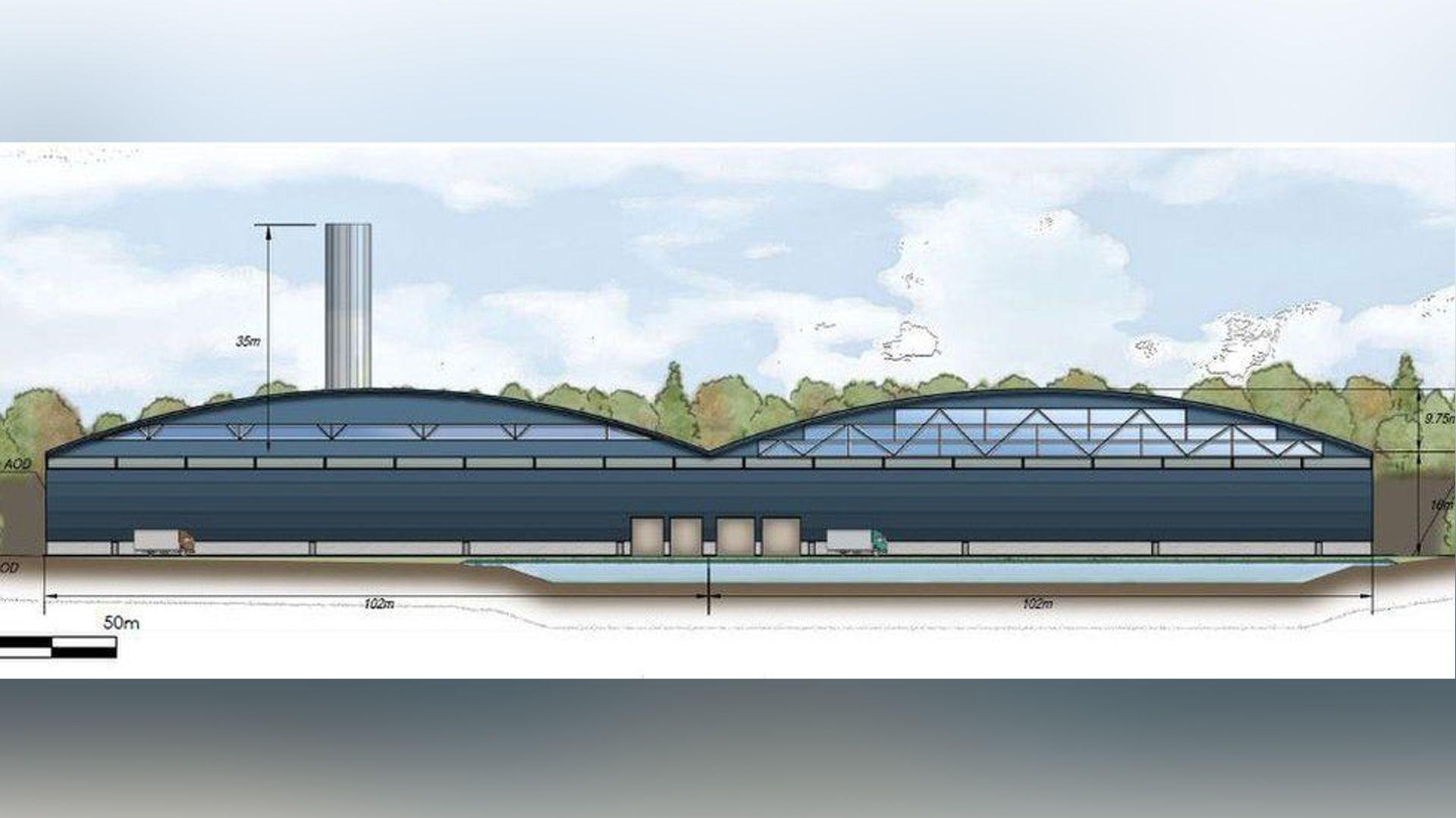 An artist's impression of the incinerator. There is a large chimney and two big blue buildings either side of each other, both with an arched roof.