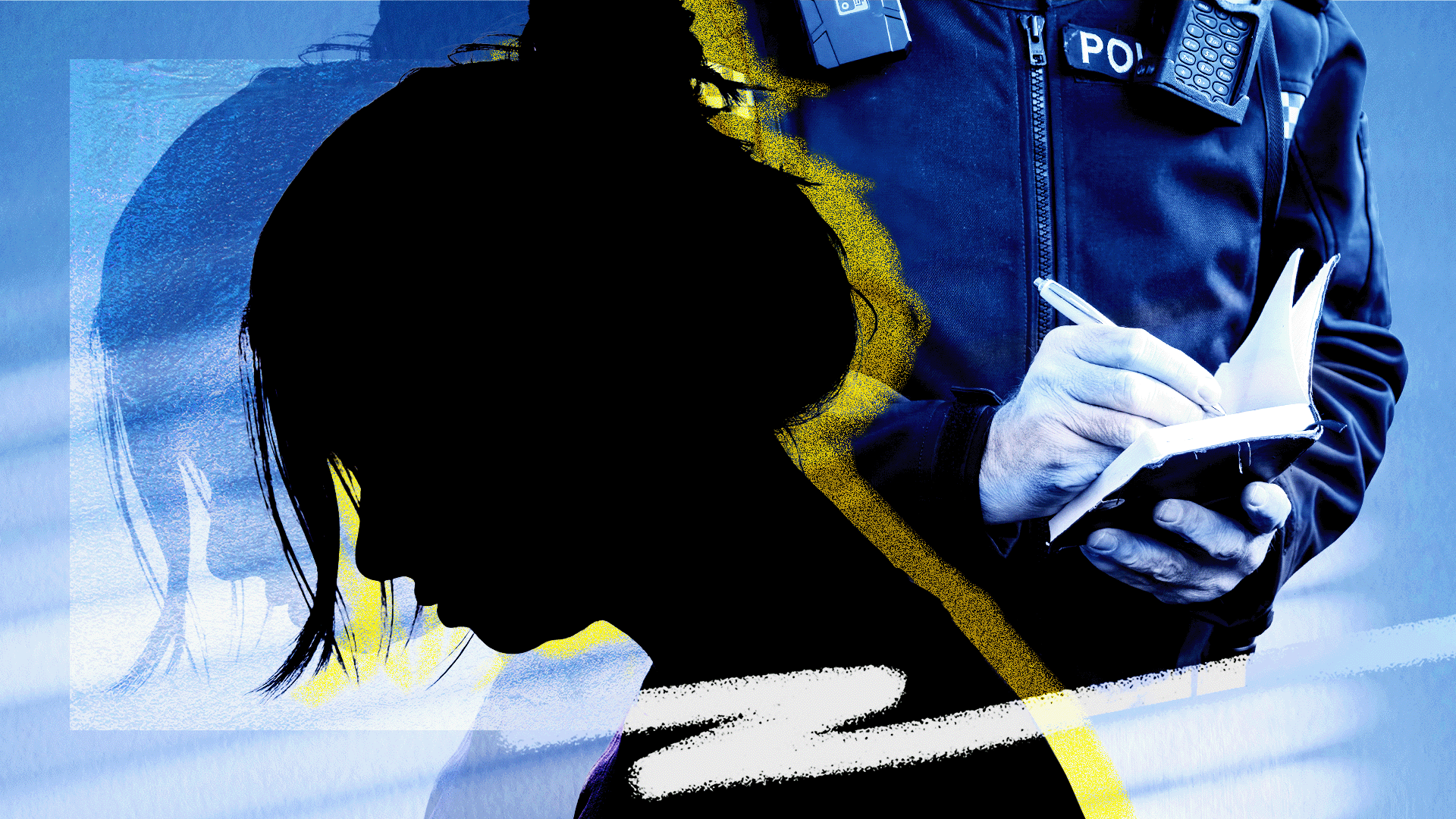 A designed image shows a woman's side profile in silhouette. A police officer writes in a notebook in the background.